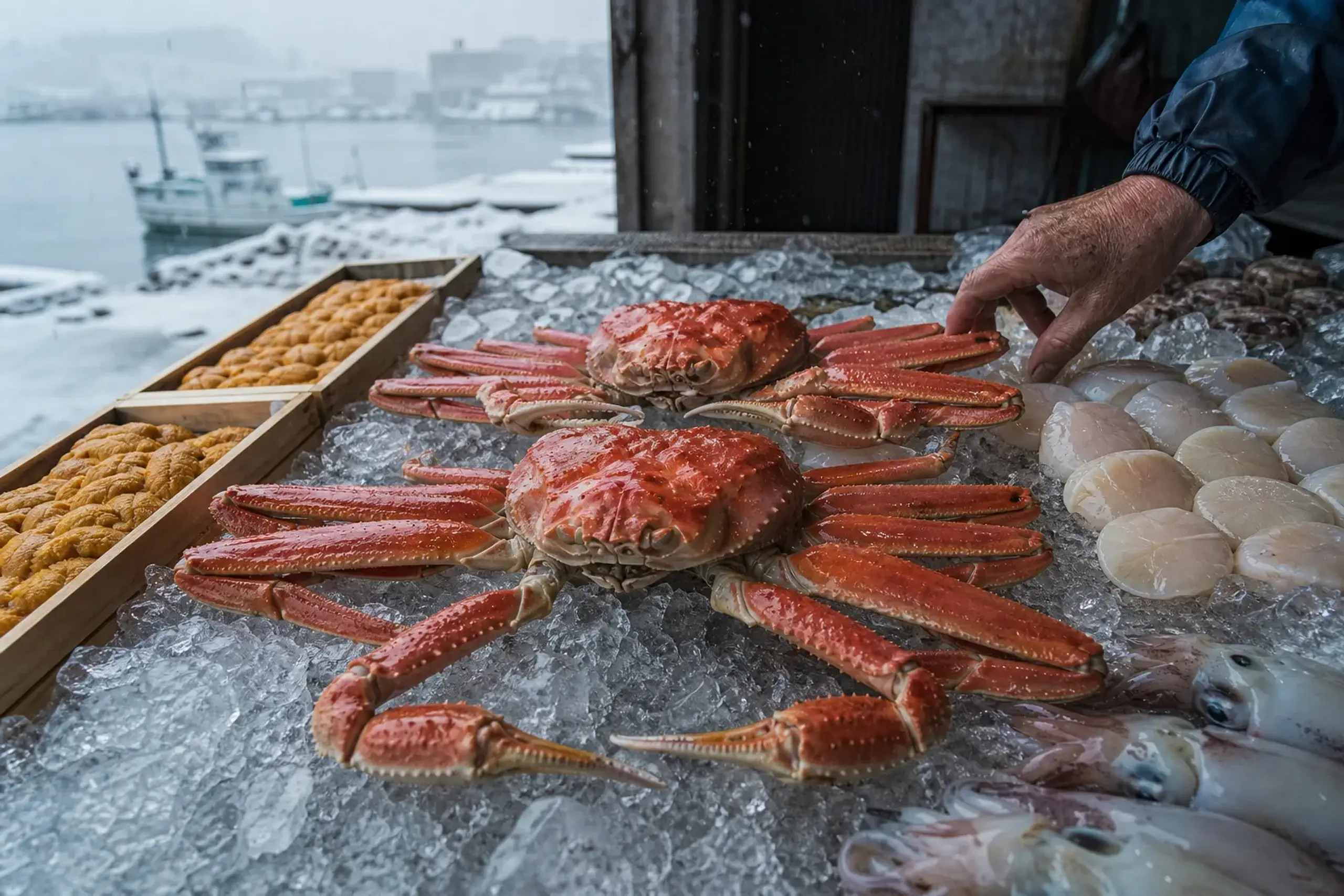 Fresh Hokkaido crab and seafood on ice at Hakodate Morning Market in early morning light