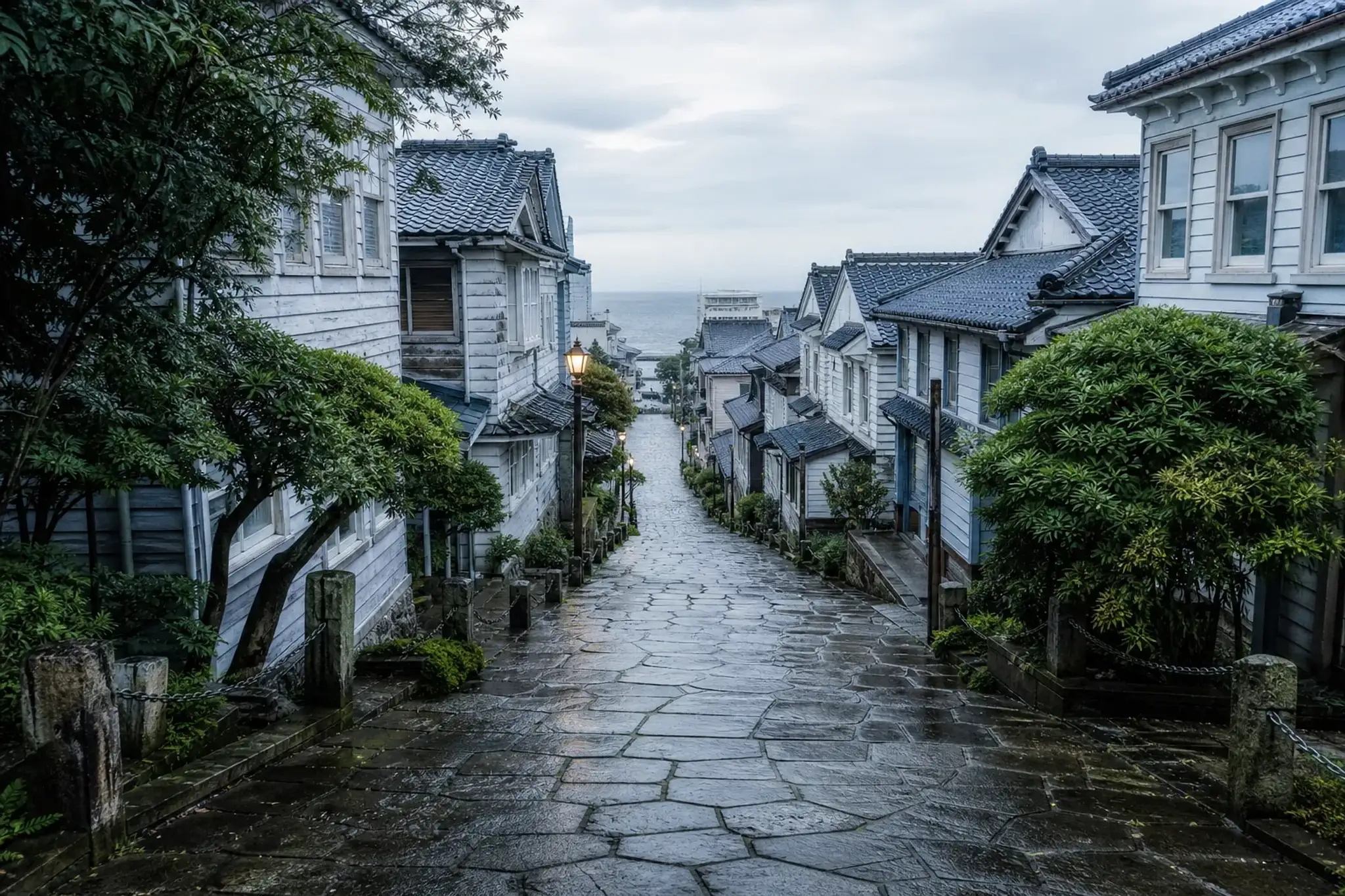 The sloped streets of Motomachi in Hakodate climbing from the waterfront, lined with wooden merchant houses bearing Western fronts and Japanese timber structure, under cool maritime northern light