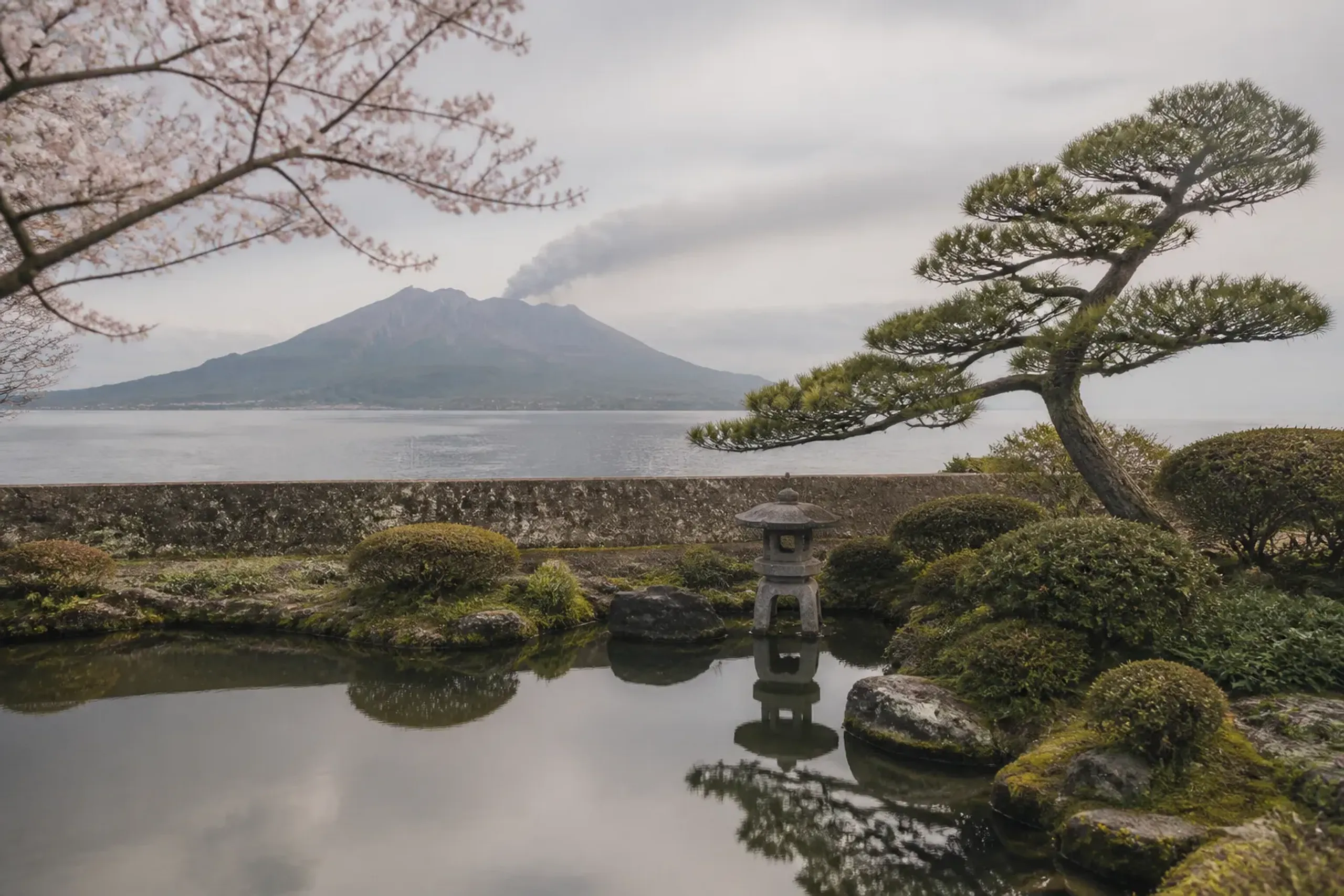 Sengan-en garden in Kagoshima with Sakurajima volcano visible across Kinko Bay
