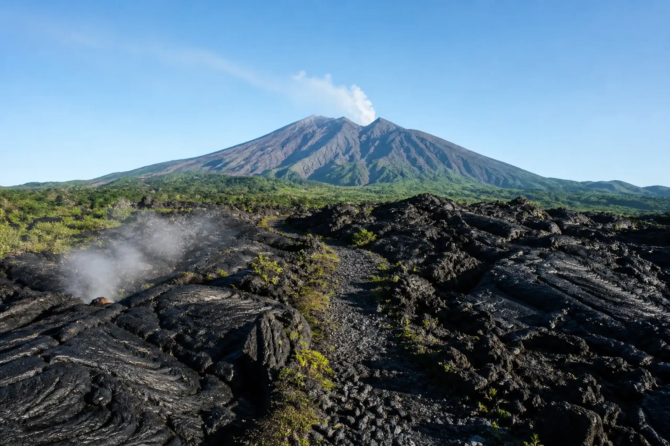 Hardened black lava fields on Sakurajima volcano with a faint ash plume above the peak