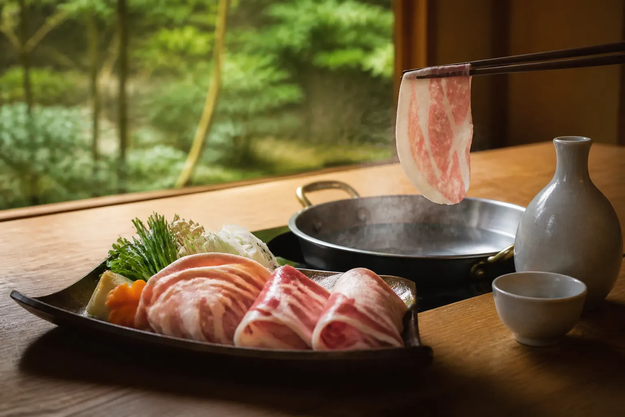 Kagoshima kurobuta black pork shabu-shabu served with imo-jochu sweet-potato shochu