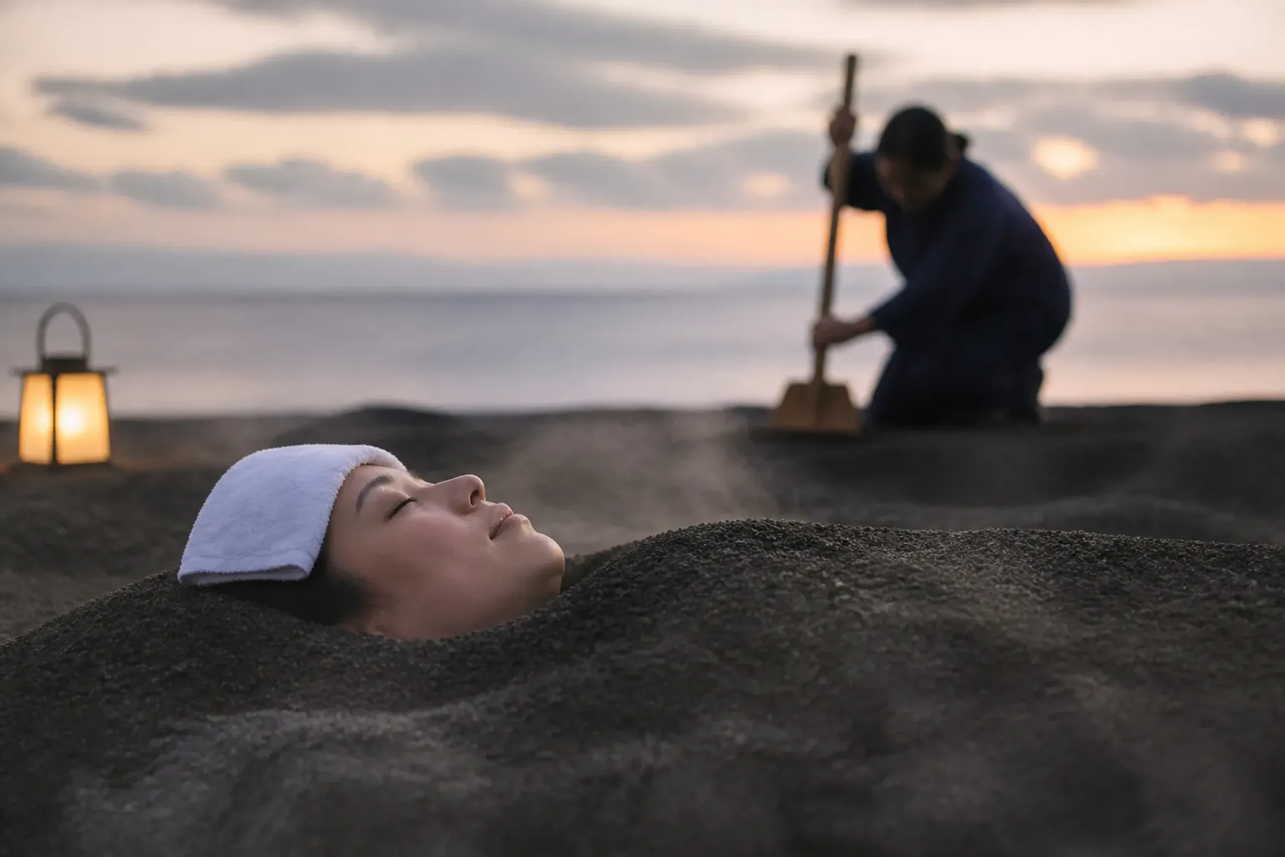 Guest buried in naturally heated volcanic sand at an Ibusuki beach onsen south of Kagoshima