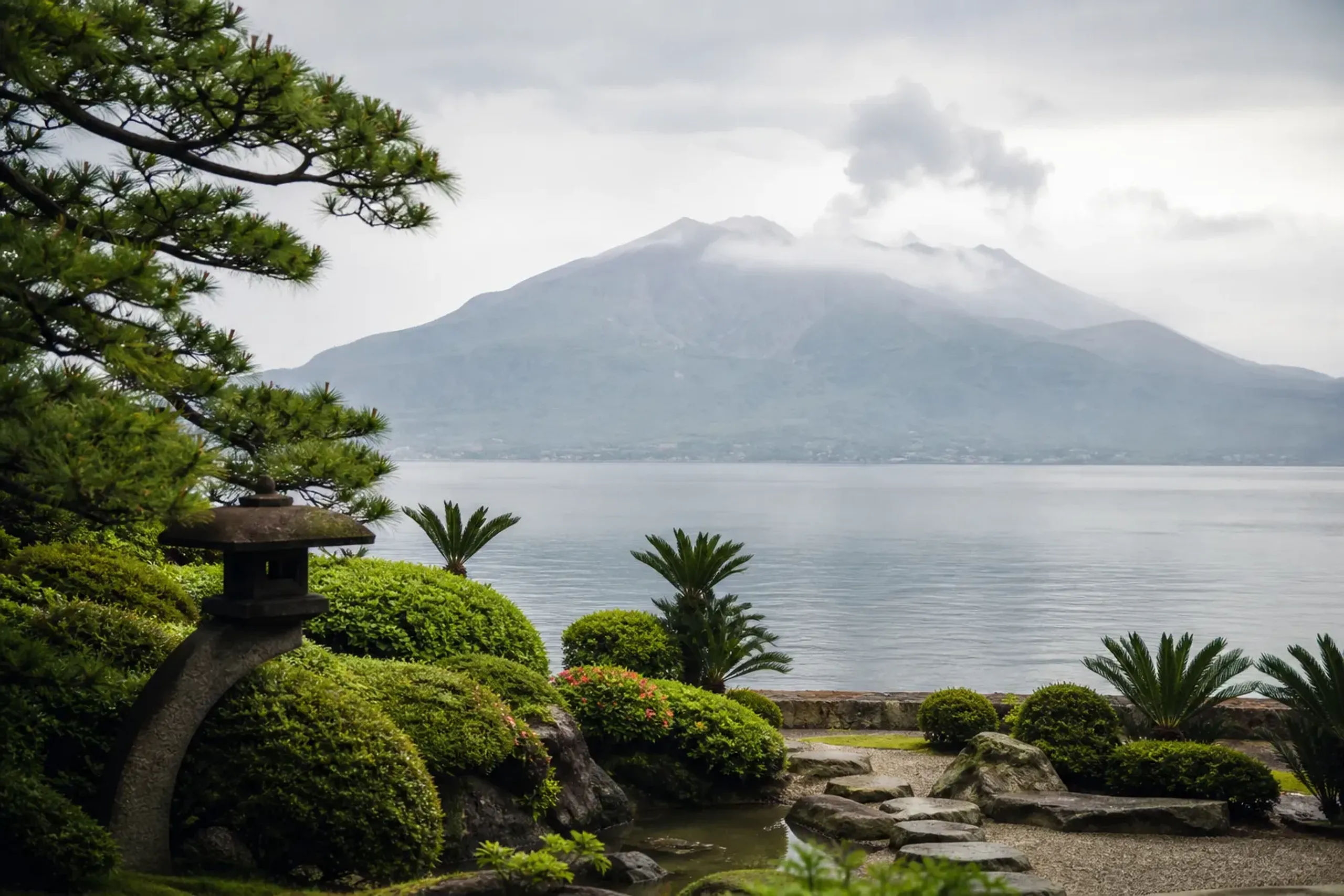 Sengan-en garden in Kagoshima with Sakurajima volcano visible across Kinko Bay