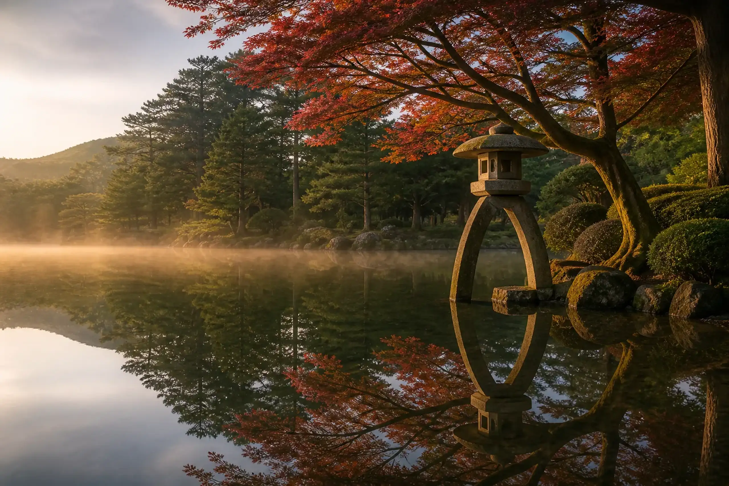 Kotoji stone lantern beside a calm pond in Kenrokuen garden, Kanazawa, in early morning light