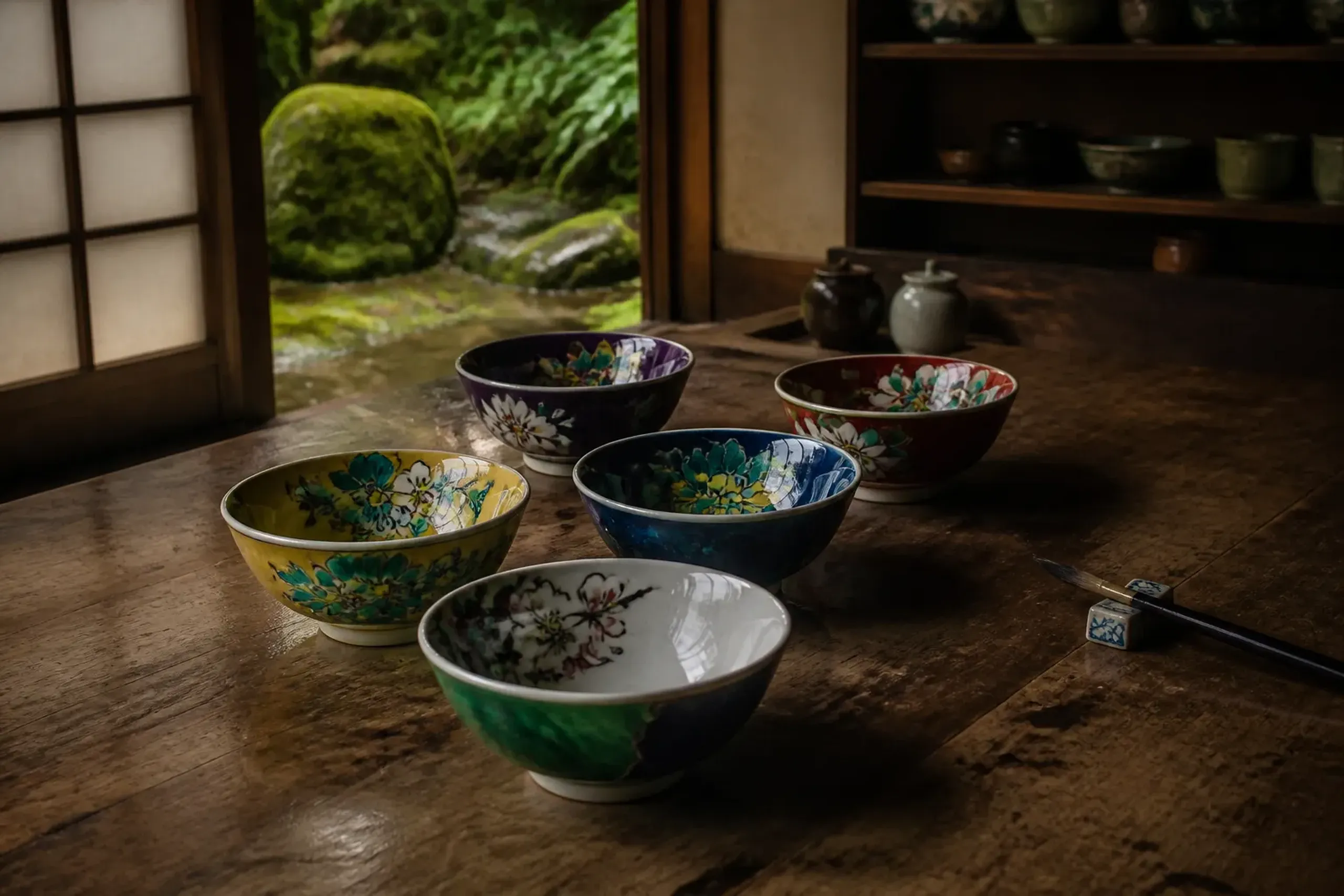 Colorful hand-painted Kutani porcelain bowls on a wooden surface in a Kanazawa atelier