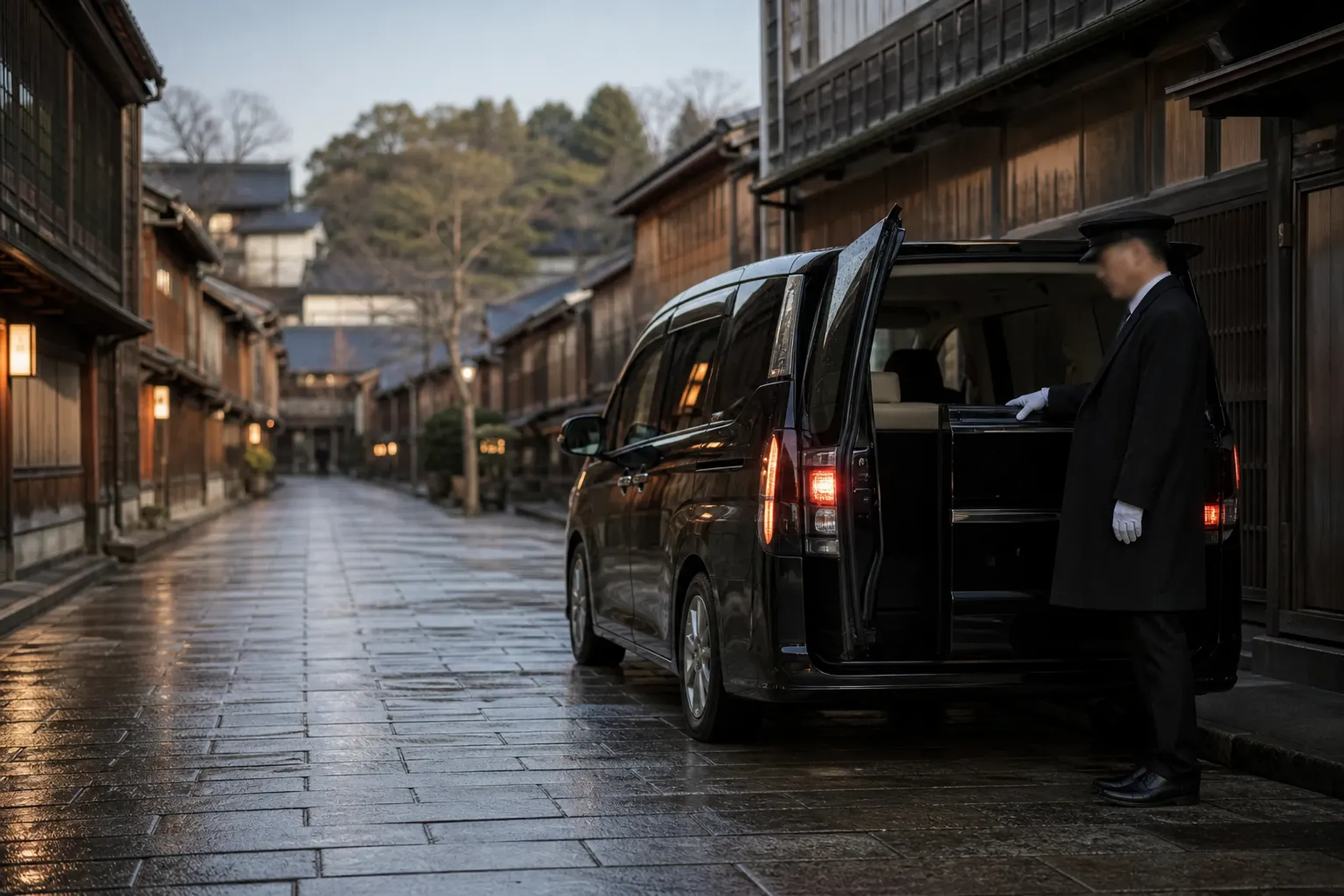 Luxury chauffeured minivan waiting on a quiet Kanazawa street lined with traditional wooden buildings