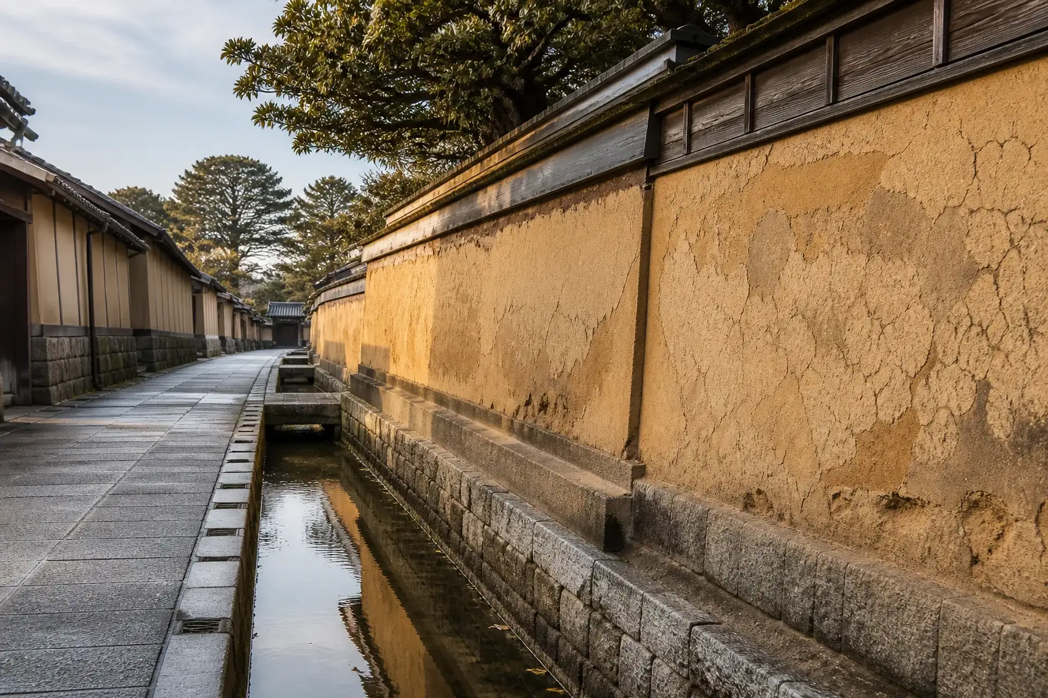 Earthen walls and a small canal in the preserved Nagamachi samurai district of Kanazawa