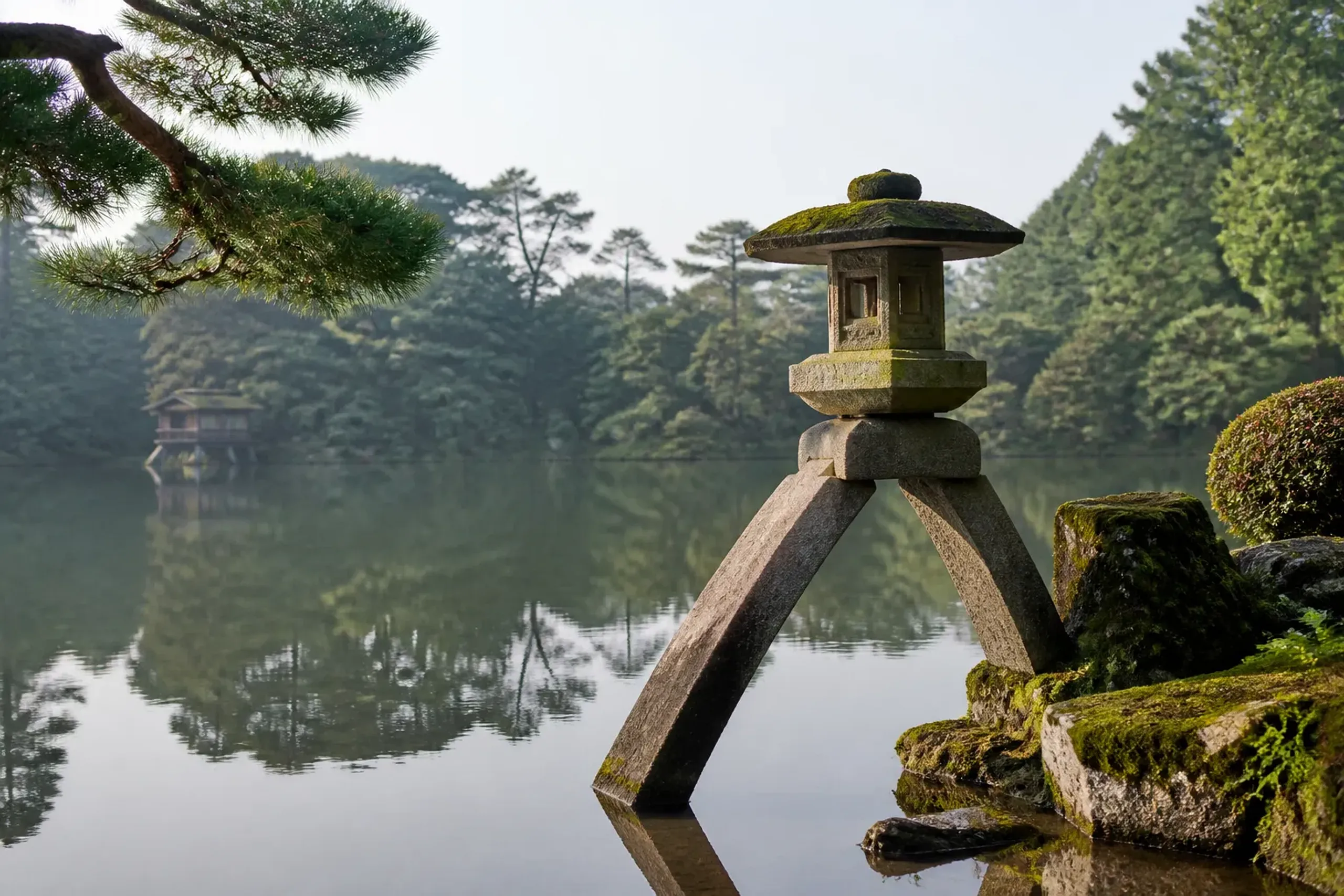 The Kotoji stone lantern with its two uneven legs standing at the edge of the pond in Kenrokuen garden, Kanazawa