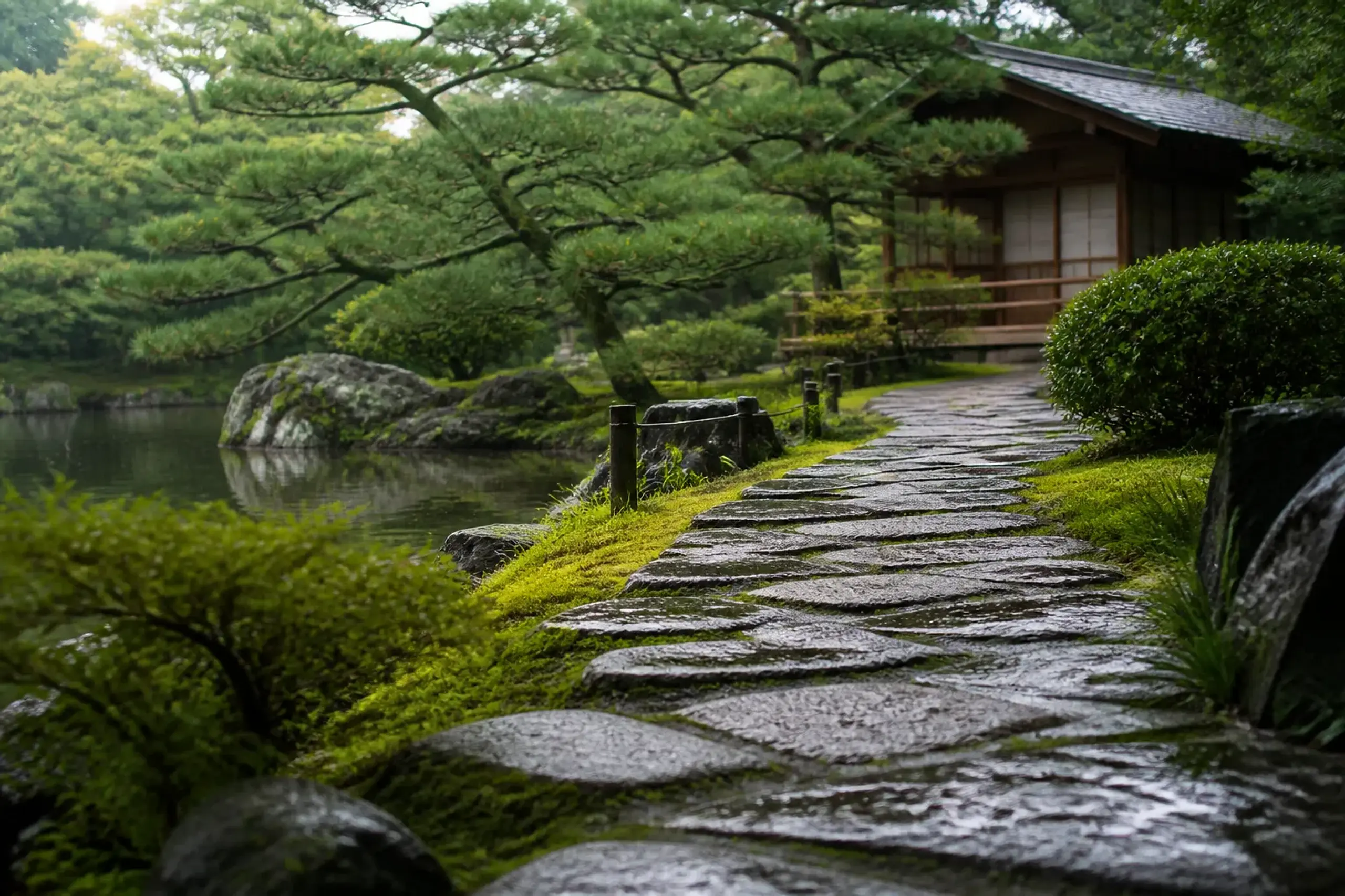 Stone path through Kōko-en garden with koi pond, clipped pines and a wooden tea house