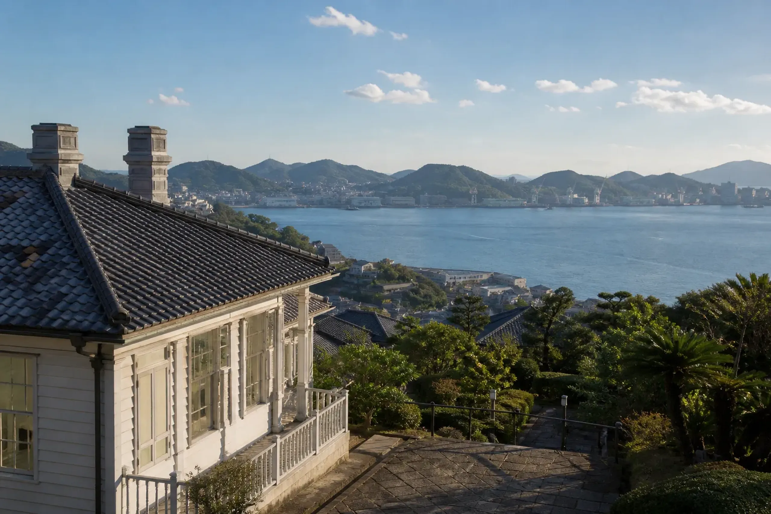 View over Nagasaki harbour from Glover Garden with historic Western-style merchant houses