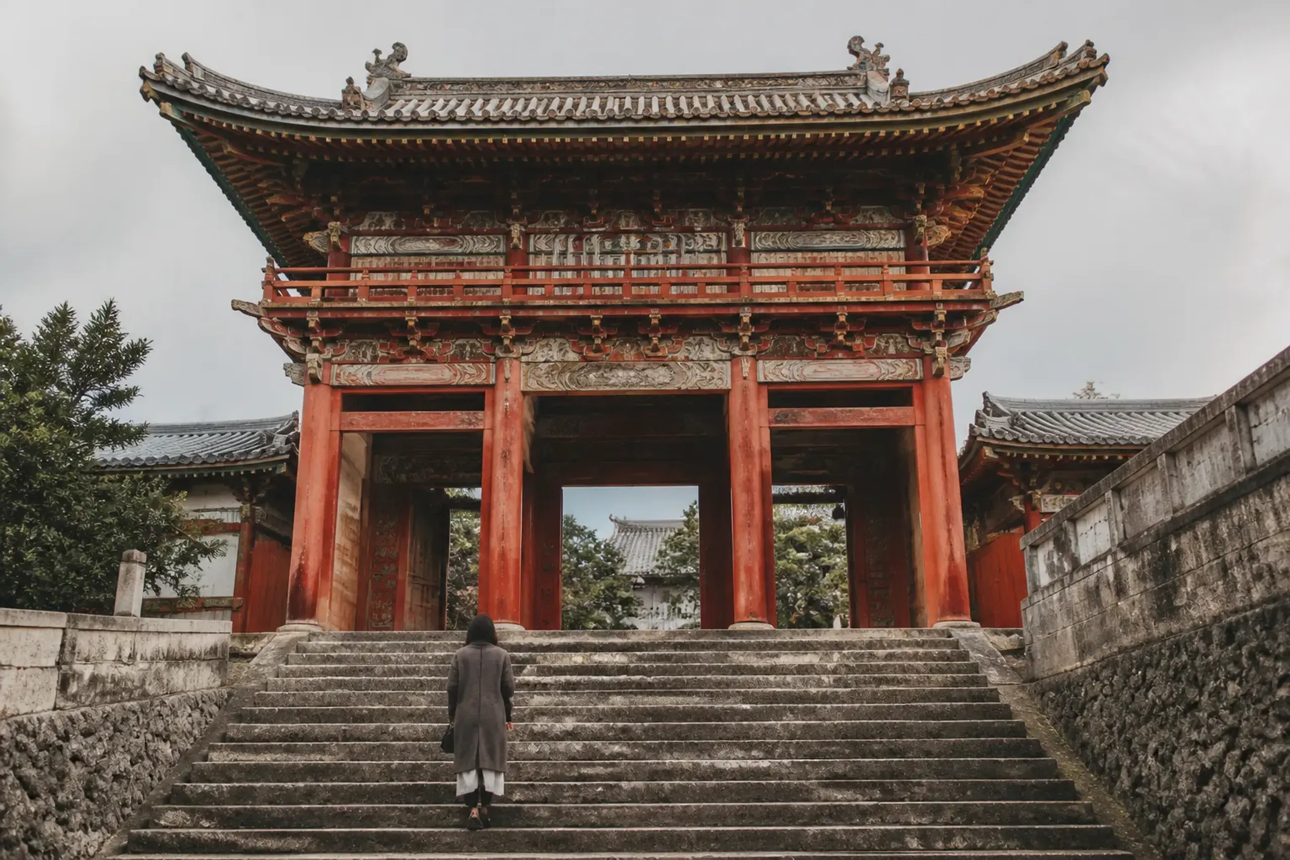 Vermilion Ming-style Ryugumon gate at Sofukuji Zen temple in Nagasaki