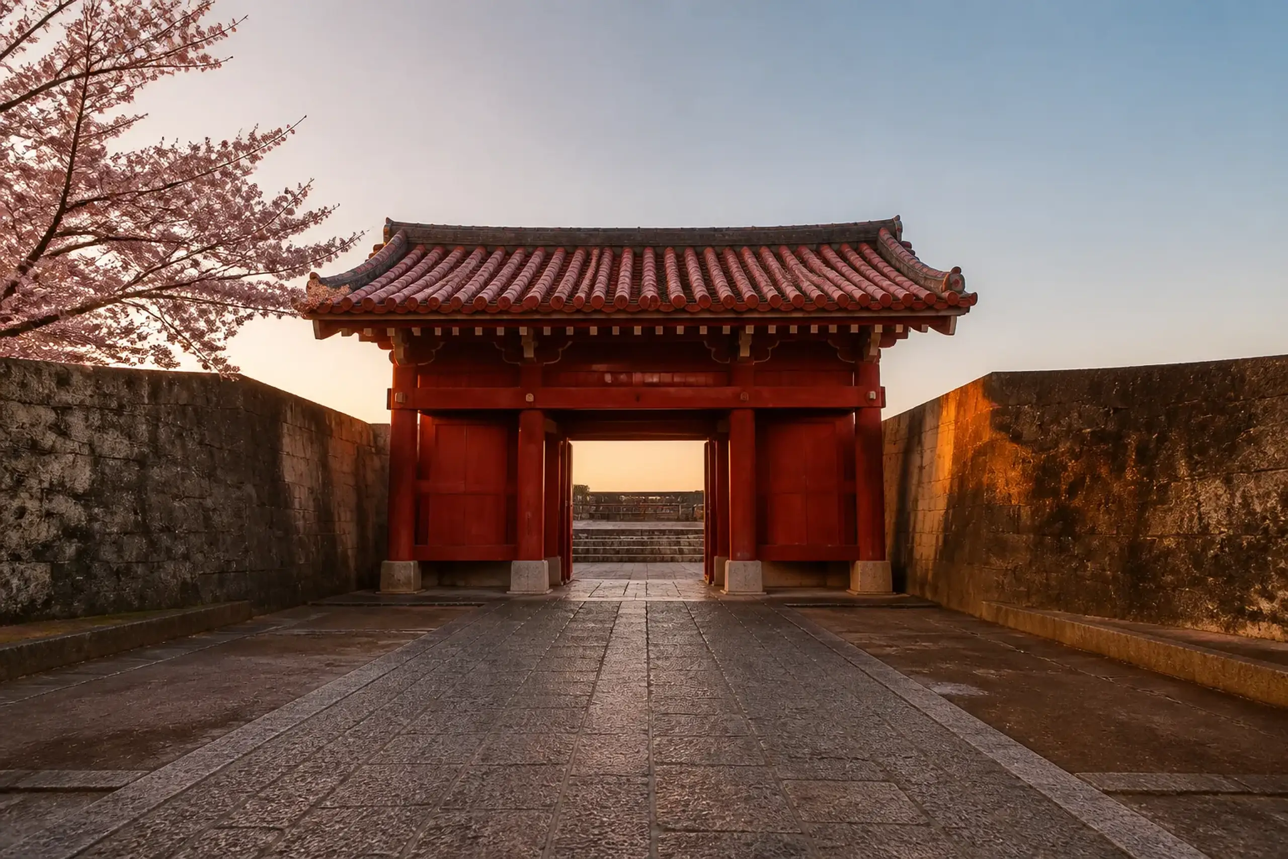 Shureimon gate at Shuri Castle in Naha, Okinawa in early morning light