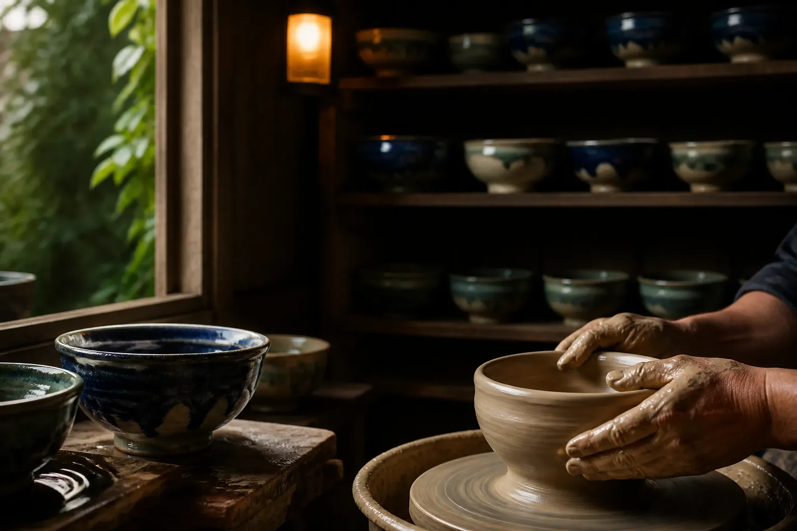 Hand-thrown Okinawan Yachimun pottery in a Tsuboya district workshop in Naha