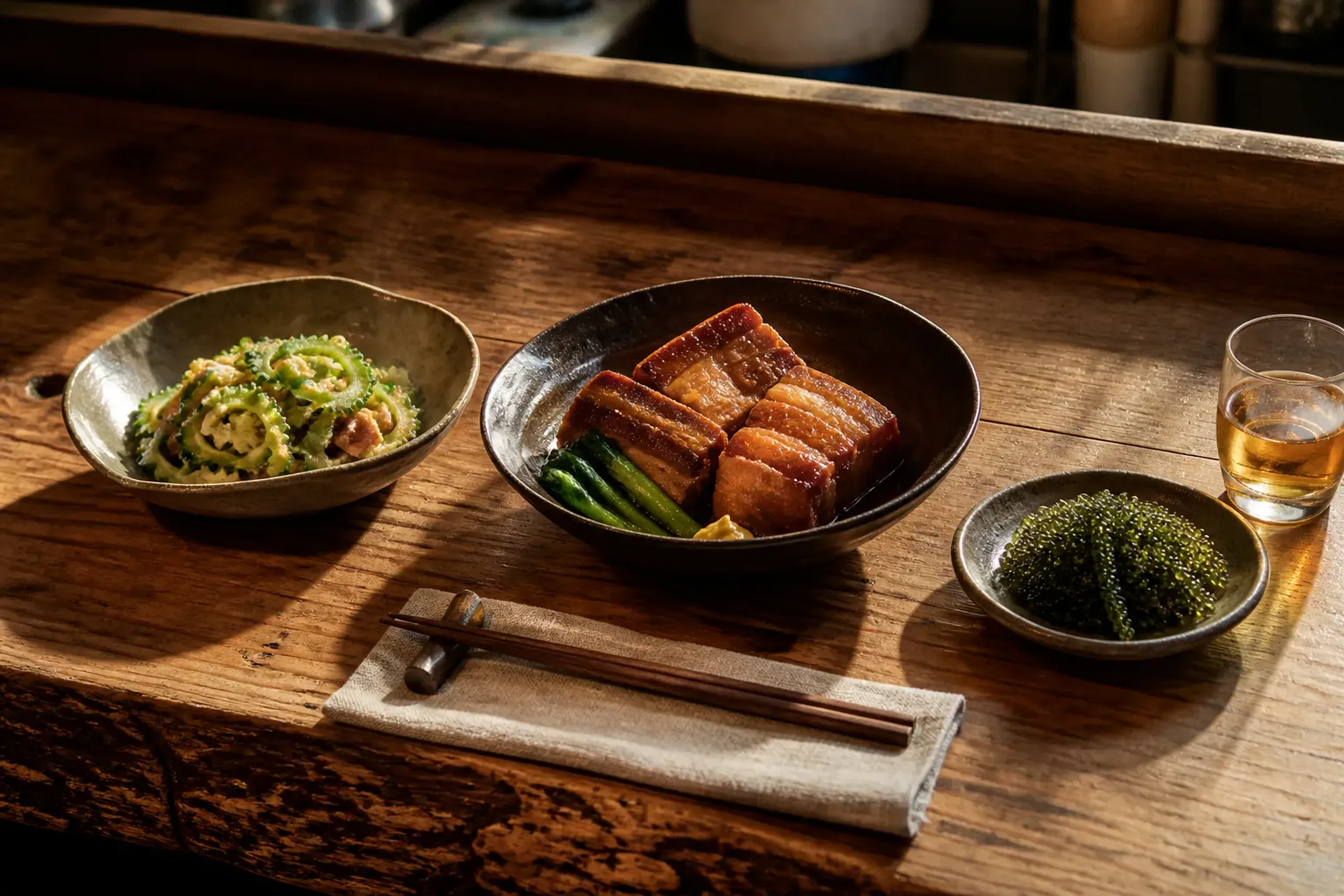 Plates of Okinawan cuisine including rafute, goya champuru and umibudo with aged awamori