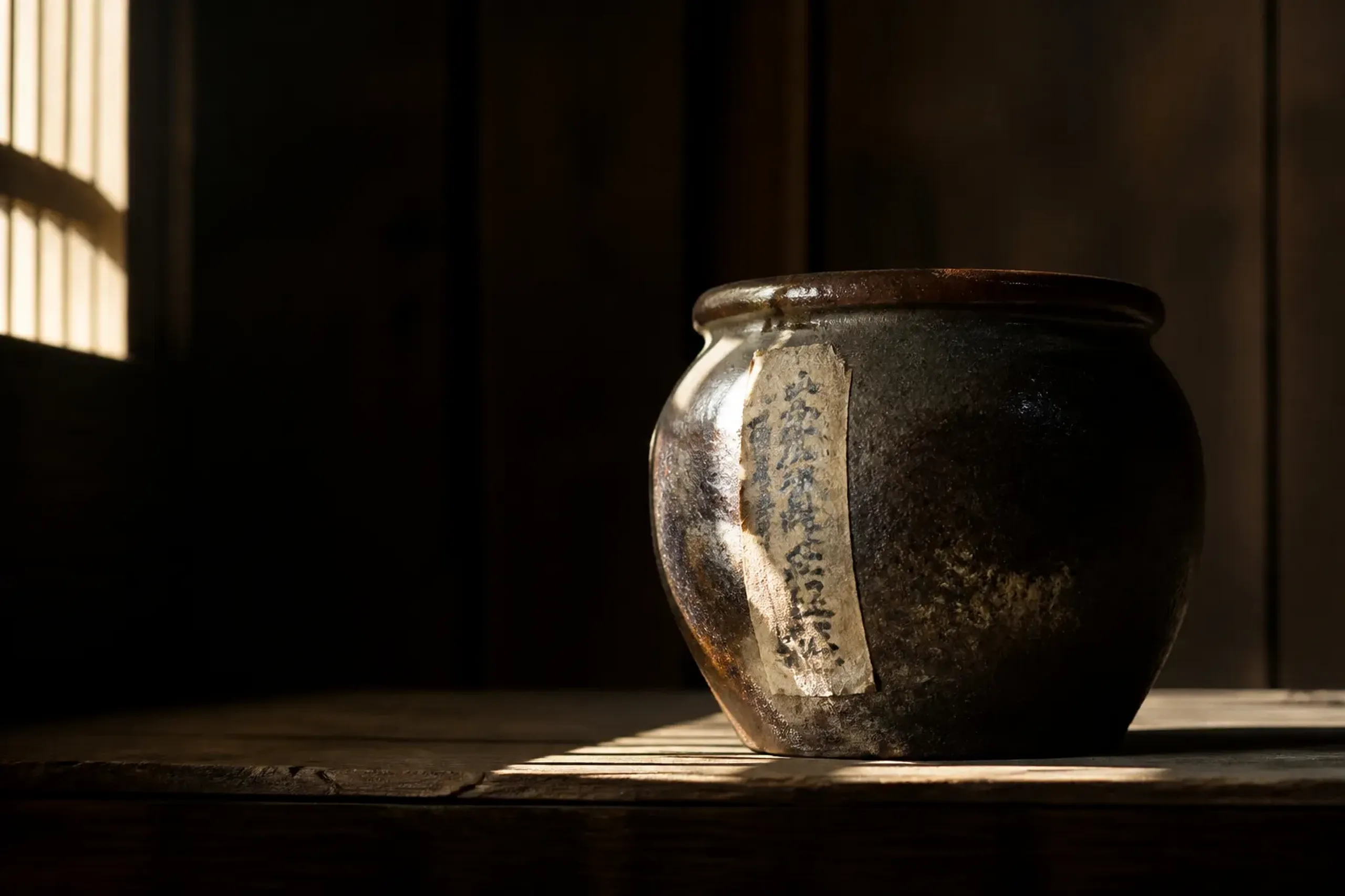 an aged awamori kusu maturing in a traditional glazed clay pot, the indigenous Ryukyu distilled spirit made from Thai indica rice and black koji mould