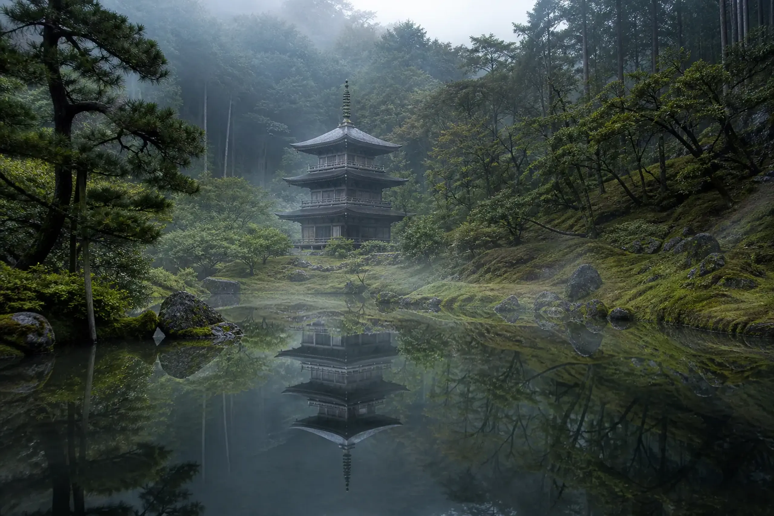 Three-storey pagoda reflected in a still pond at Sankeien Garden, Yokohama, in early morning mist