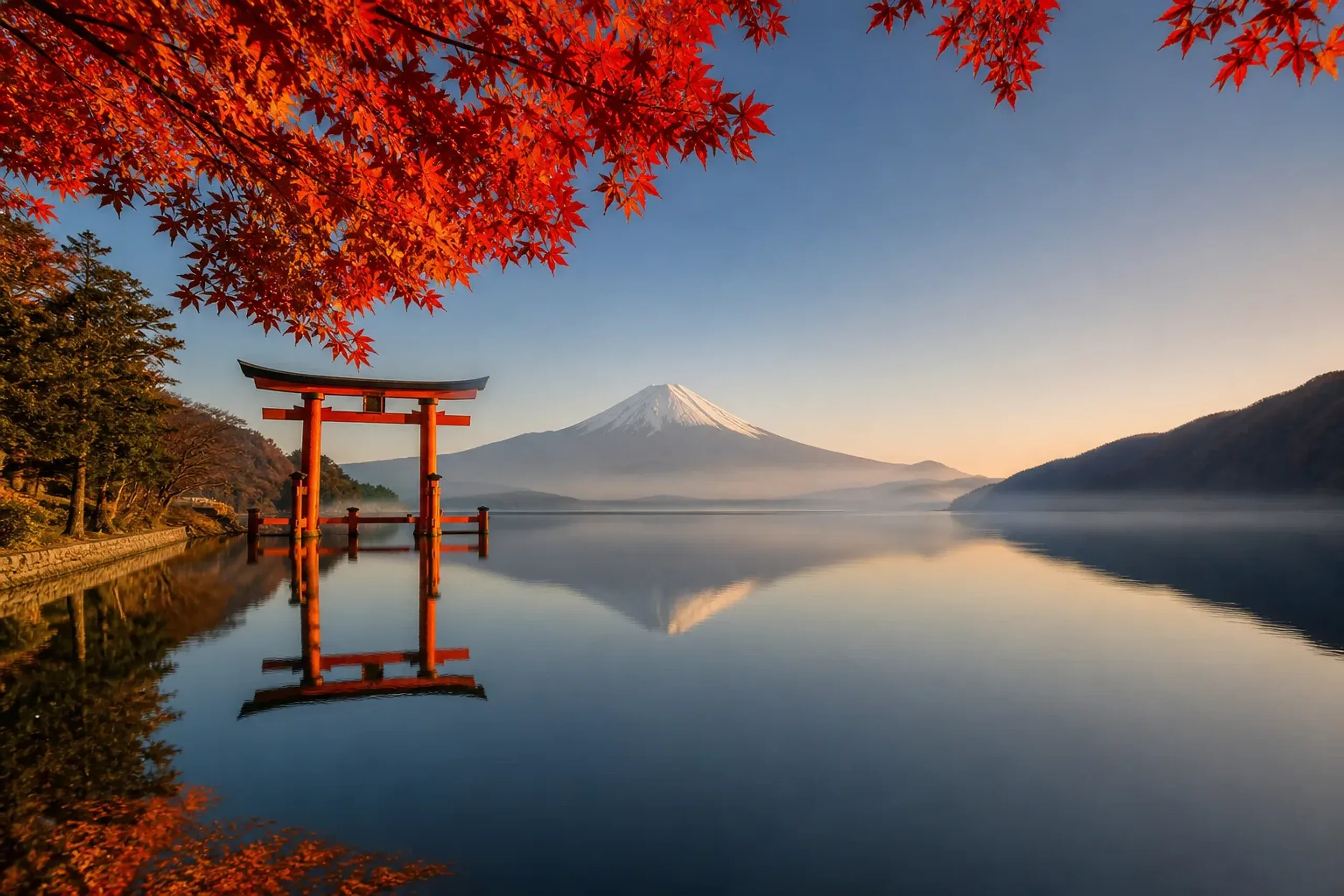 Vermilion torii gate of Hakone Shrine in Lake Ashi with Mount Fuji in the distance