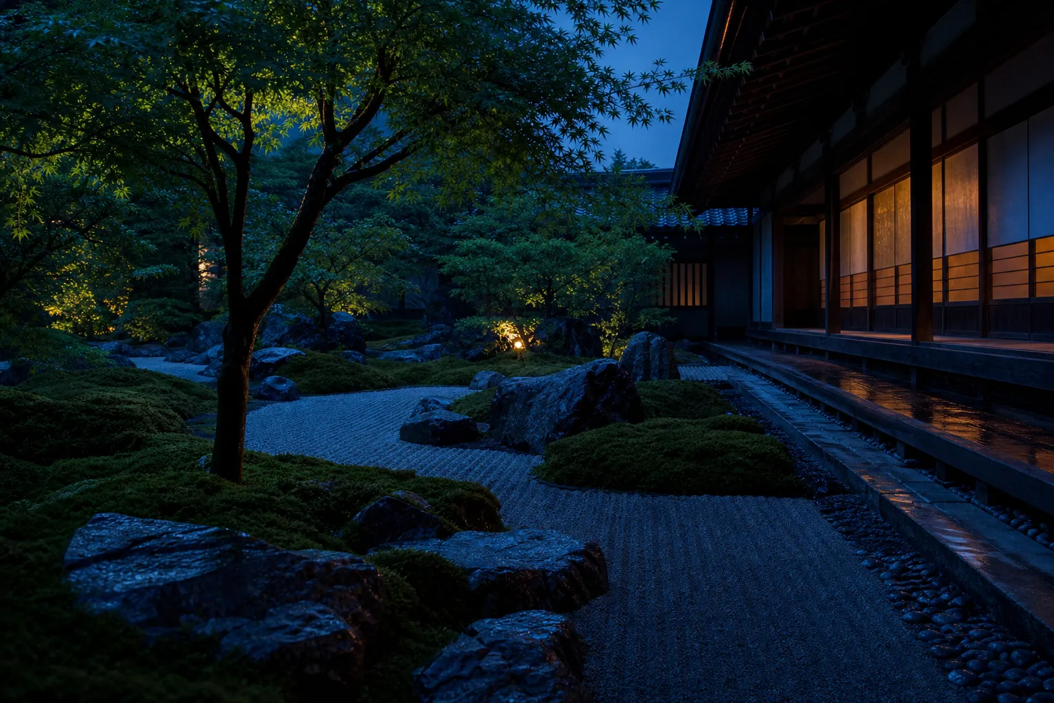 A quiet Kyoto moss garden with raked gravel and maple trees in soft morning light