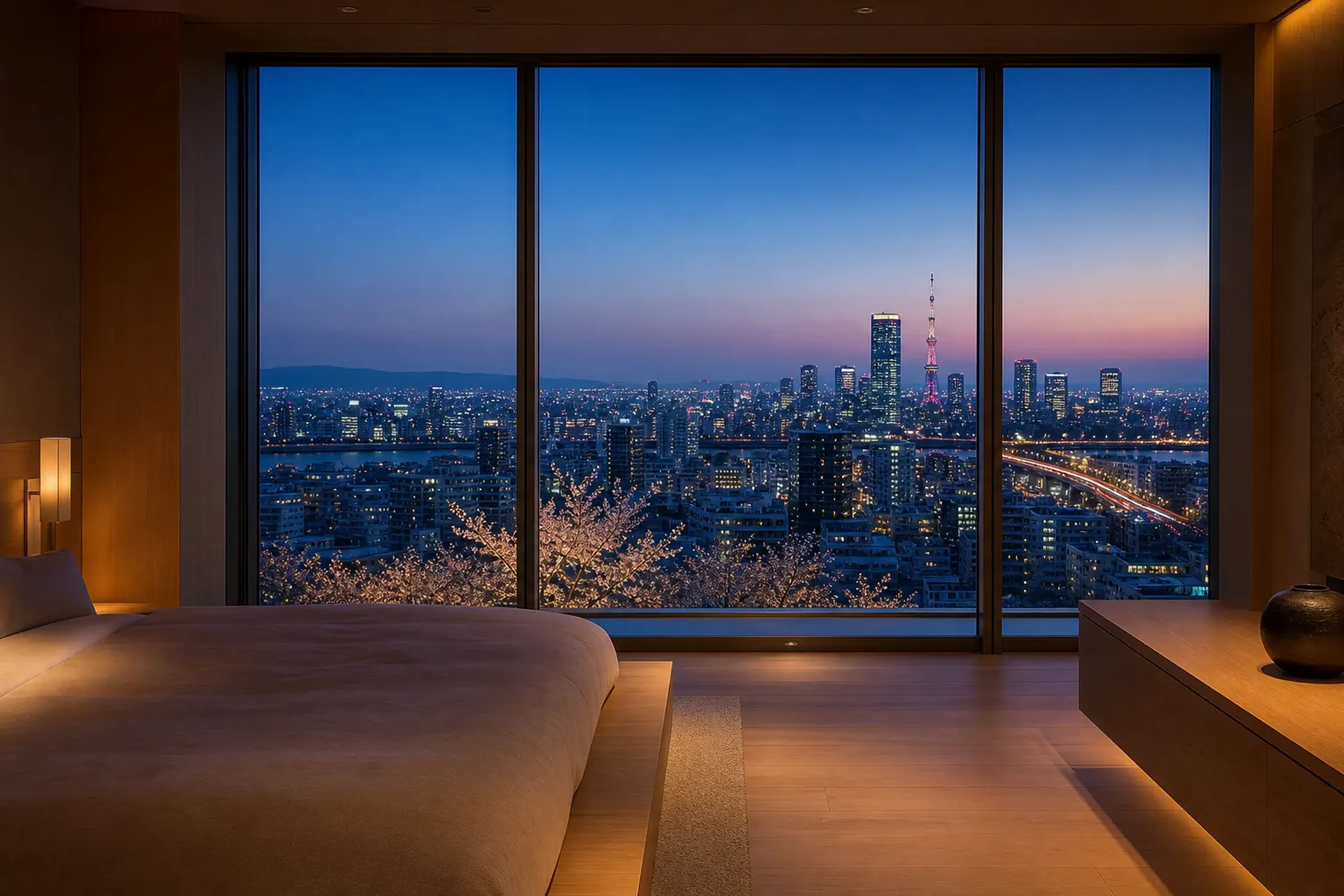 A minimalist high-floor luxury hotel suite in Osaka overlooking the city skyline at dusk