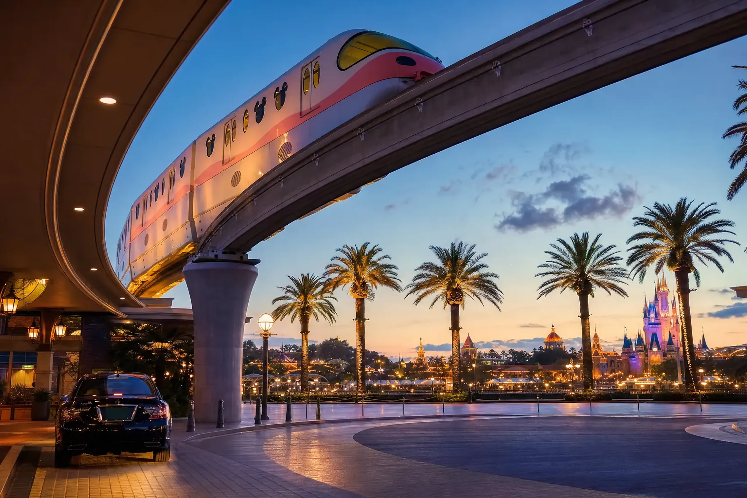 the sweeping monorail line and palm-lined entry plaza of Tokyo Disney Resort in Urayasu, Chiba, seen from the passenger drop-off curb in golden evening light