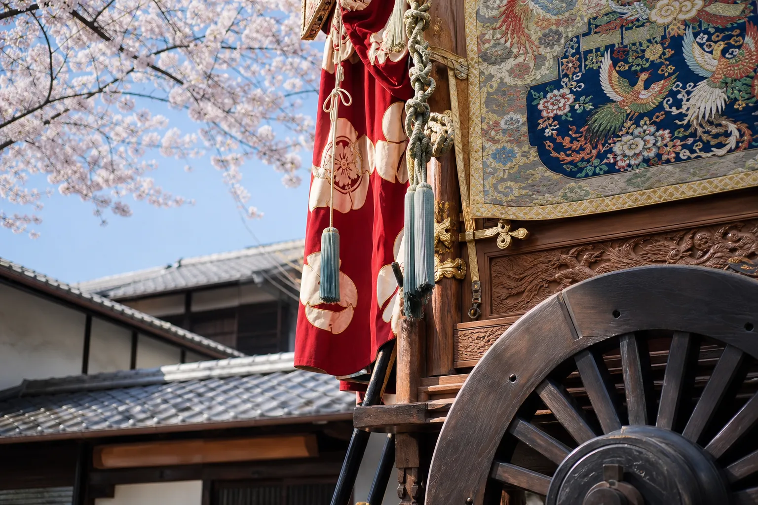 A massive traditional wooden Yamaboko float during the Gion Matsuri procession in Kyoto.