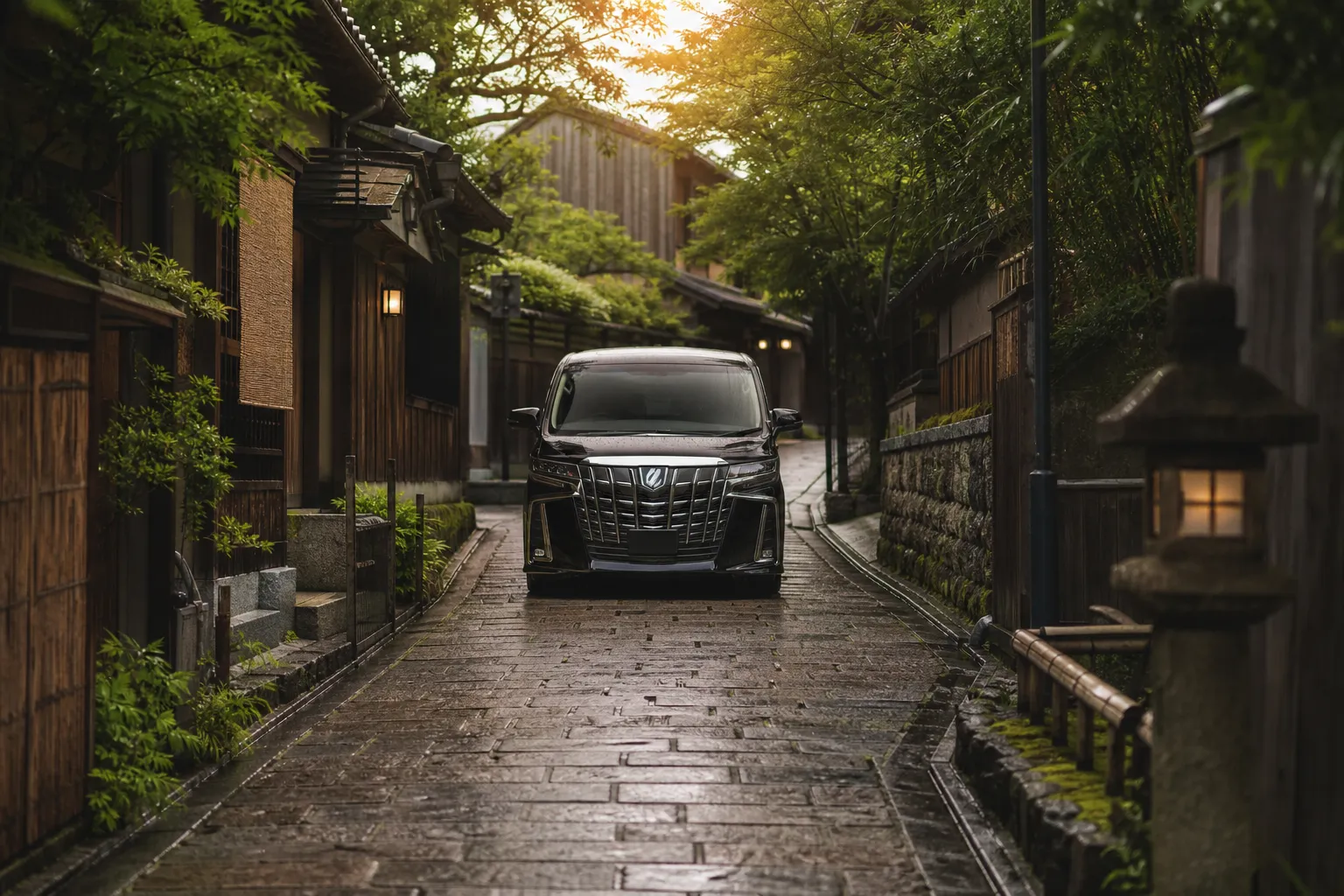 A luxury black executive minivan waiting discreetly on a traditional Kyoto street.