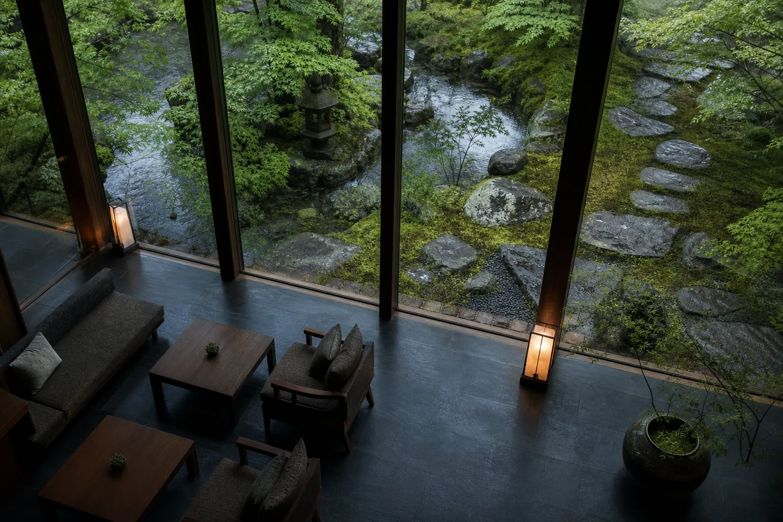 A serene and formal luxury hotel interior in Kyoto looking out onto a green Japanese garden.
