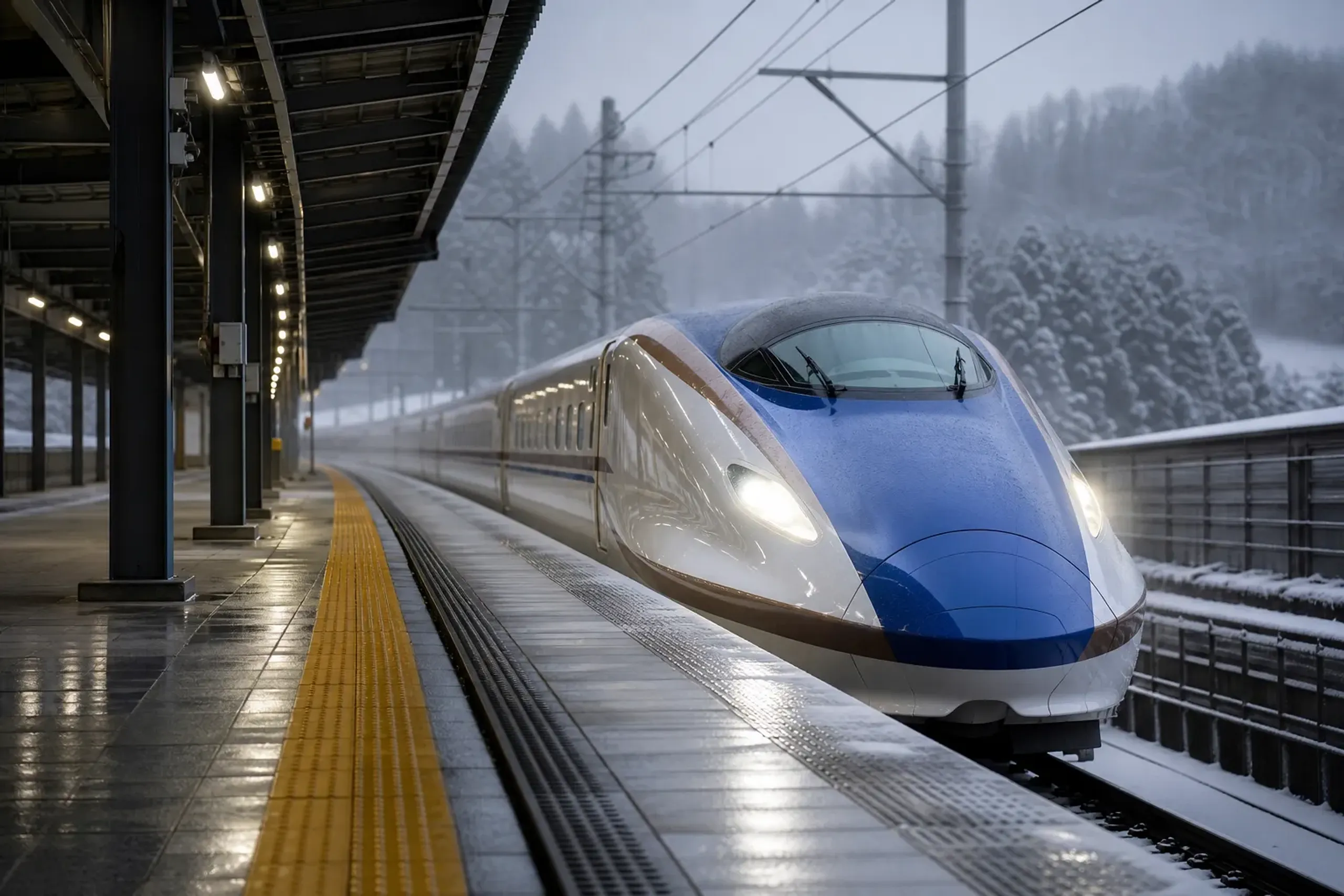 A sleek Shinkansen bullet train departing an early-morning platform in Kyoto Station, its nose gleaming under the platform lights