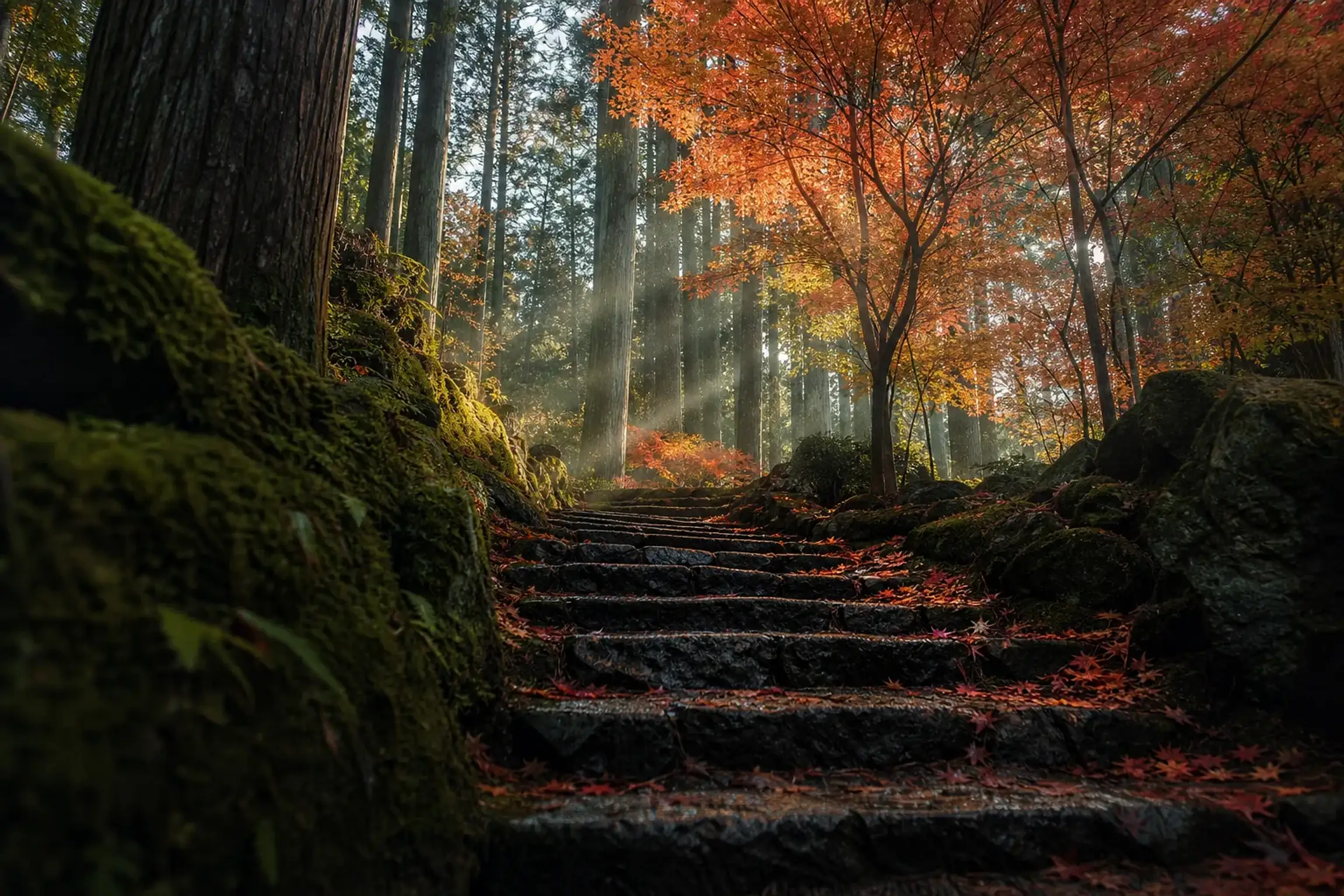 A moss-covered stone temple approach path in the Kyoto hills, dappled sunlight filtering through cedar trees onto the damp stones