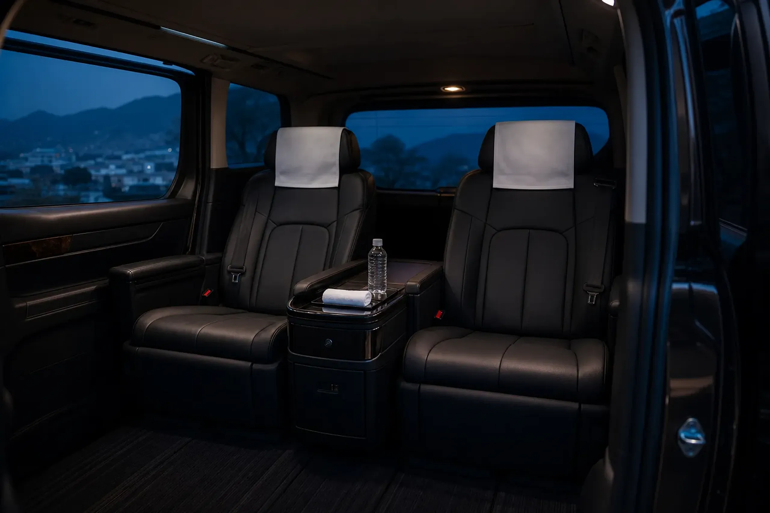 A pristine, empty leather rear passenger cabin of a Toyota Alphard with folded white seat covers and a single fresh amenity tray