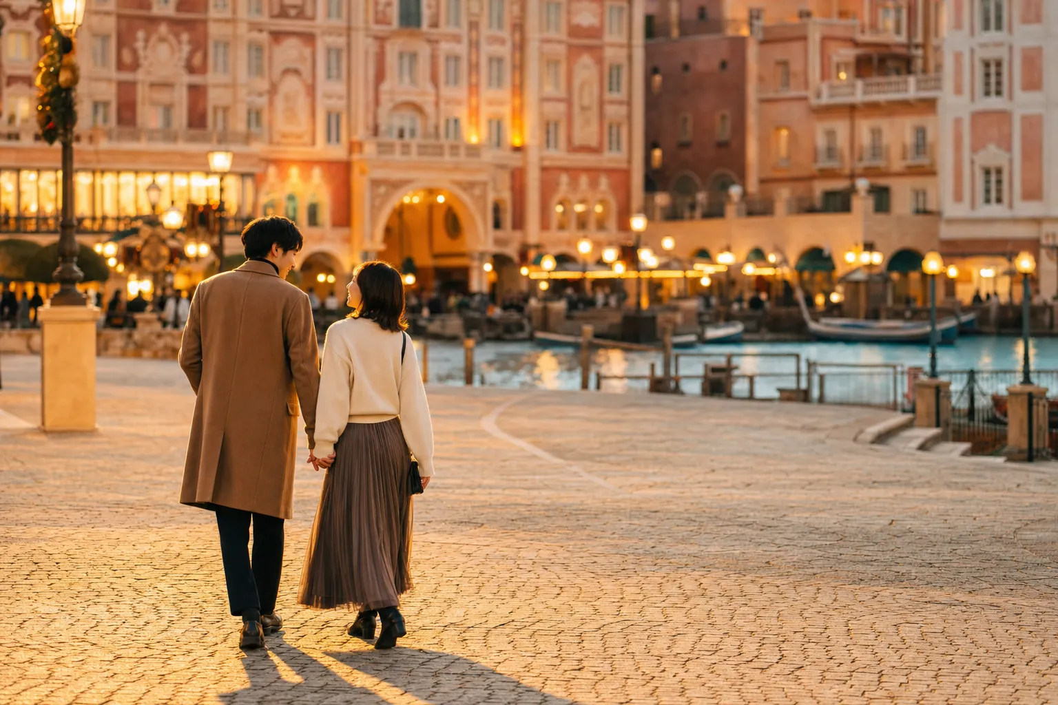 Couple walking through Tokyo DisneySea Mediterranean Harbor at golden hour in autumn