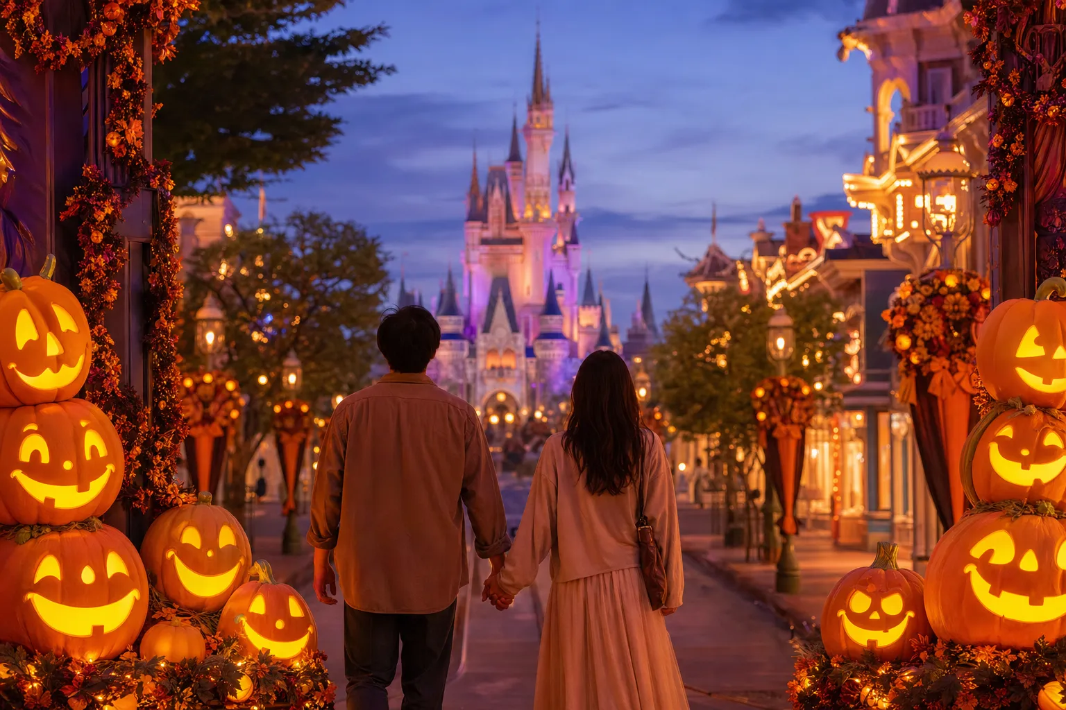 Tokyo Disneyland decorated for Disney Halloween 2026 at dusk