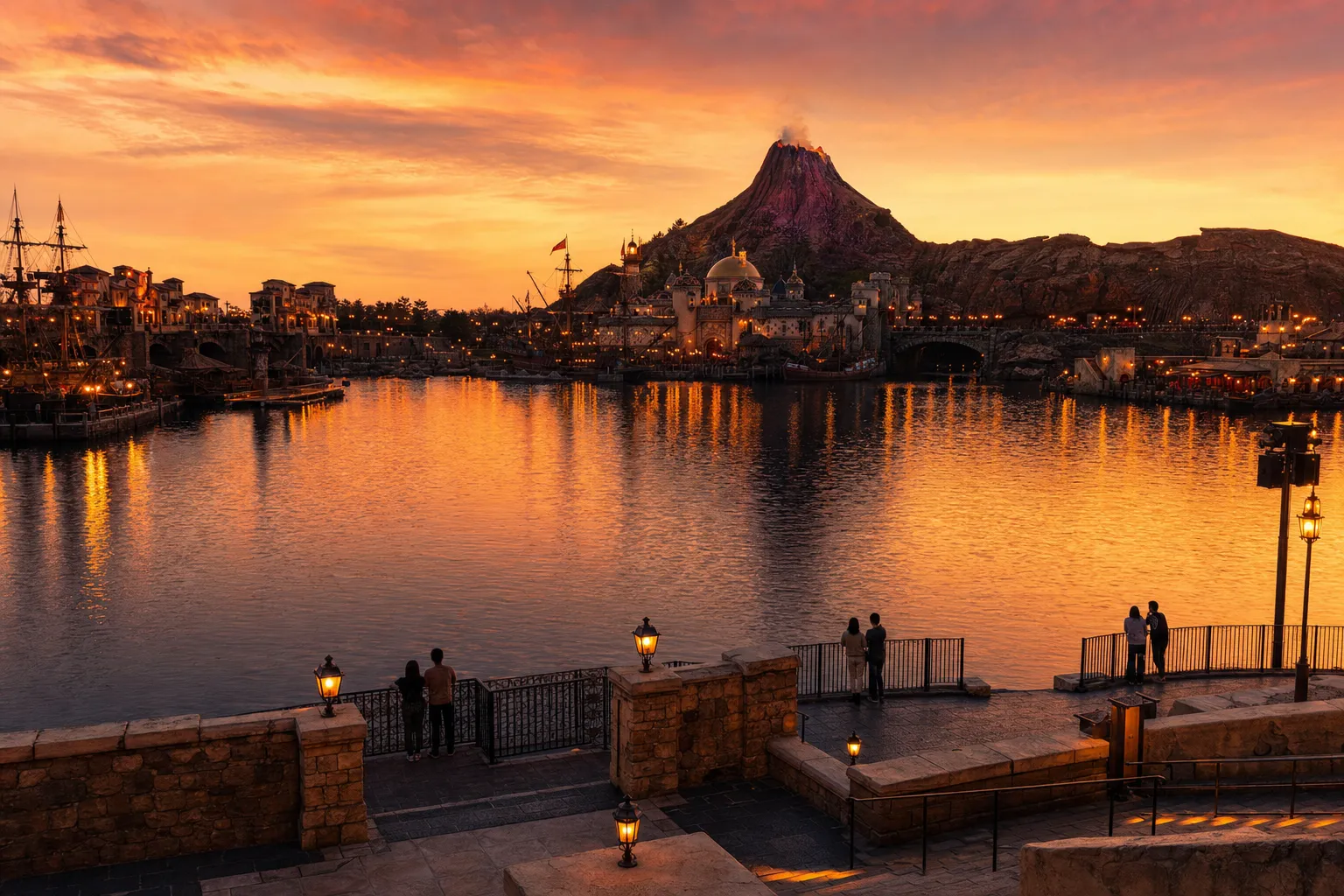 Golden hour light over Tokyo DisneySea harbor in autumn