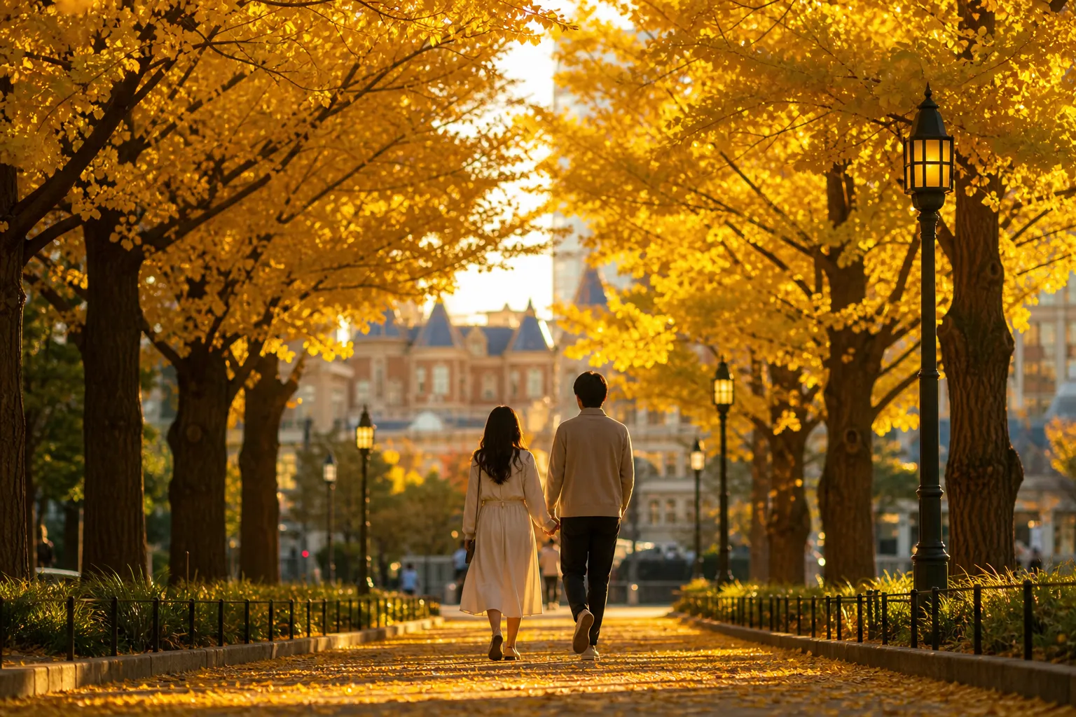 Couple walking a gingko-lined Tokyo avenue turning gold in autumn