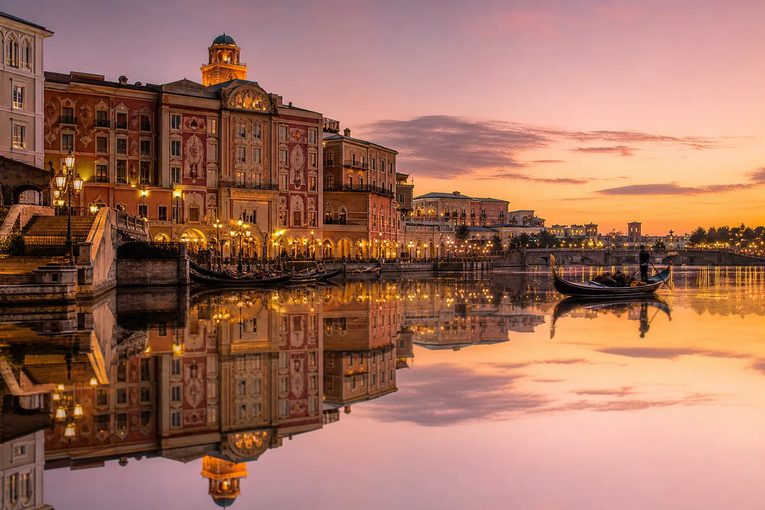 Mediterranean Harbor at Tokyo DisneySea bathed in amber golden-hour light at dusk, with still water reflecting the Venetian-style architecture and gondolas