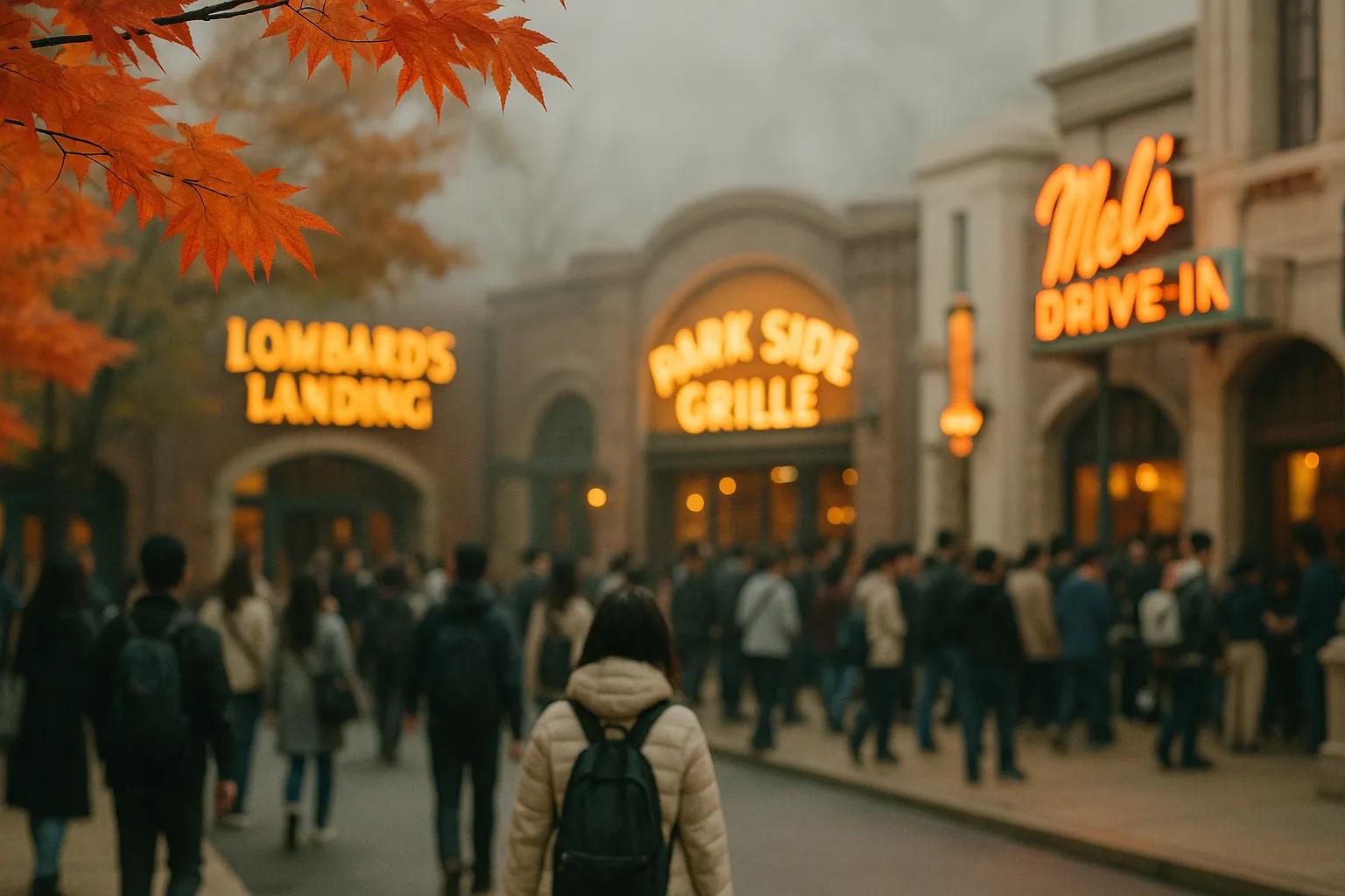 Guests walking through Universal Studios Japan as crowds build near restaurants before lunchtime