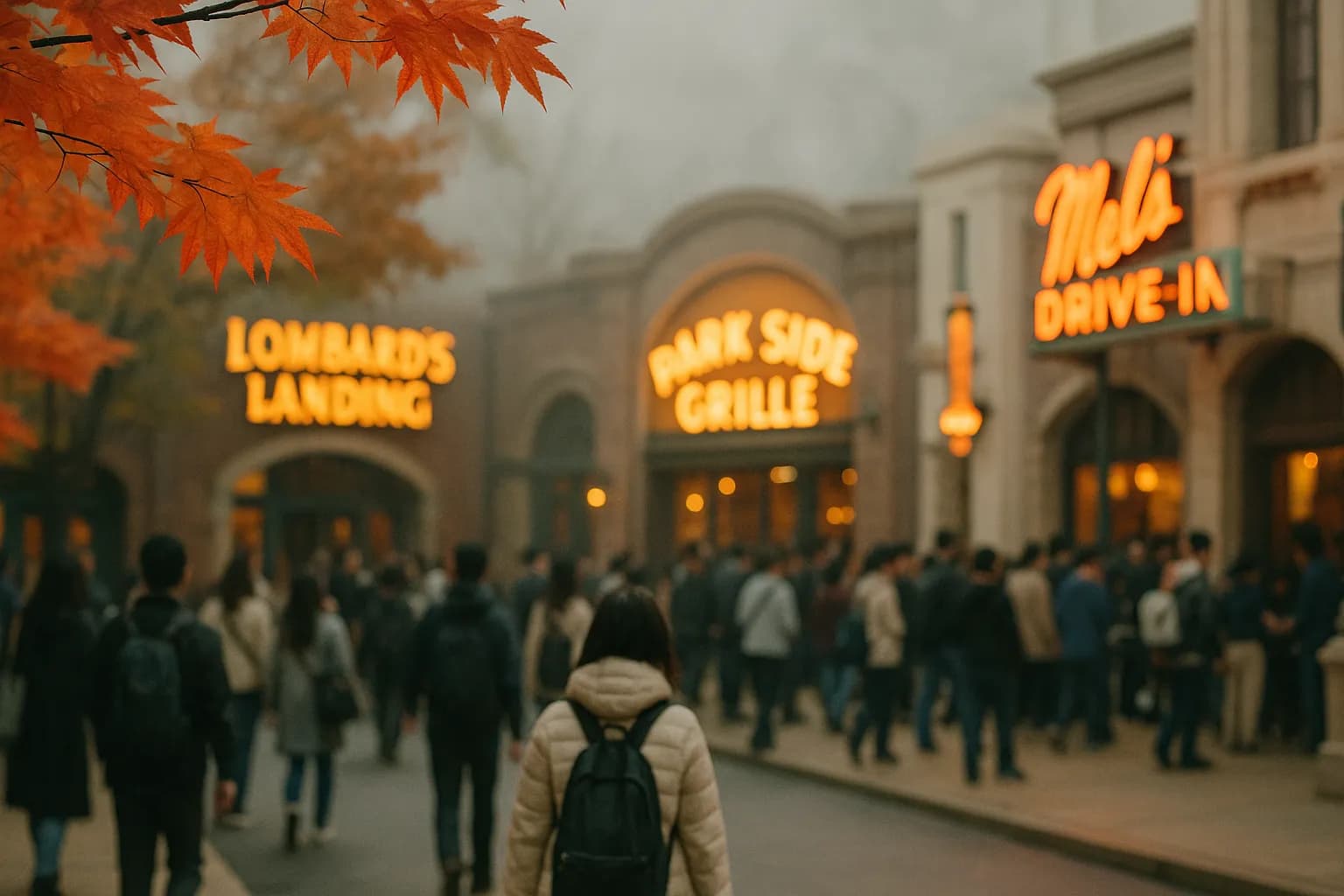 Guests walking through Universal Studios Japan as crowds build near restaurants before lunchtime