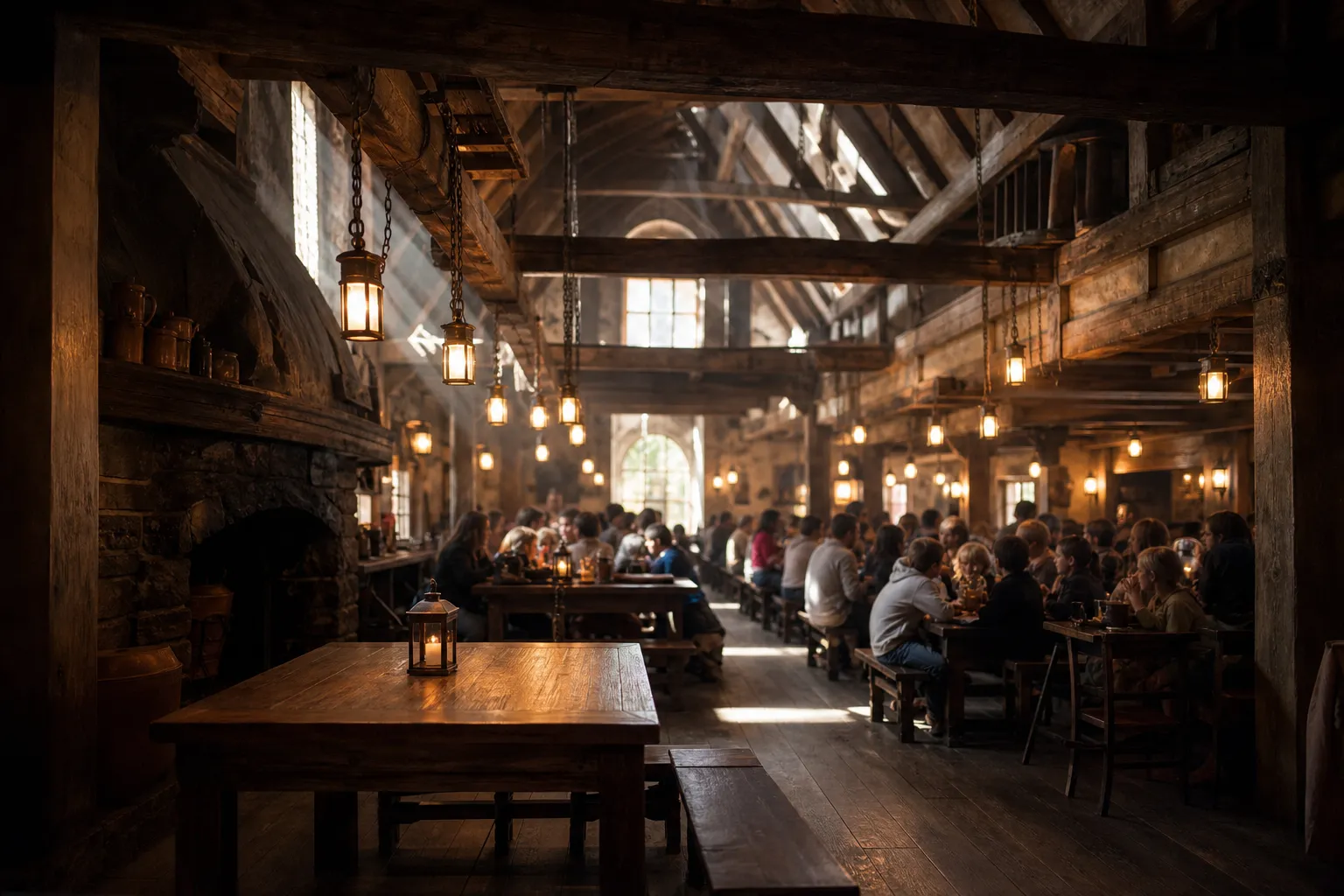 The rustic interior dining hall of Three Broomsticks in The Wizarding World of Harry Potter at Universal Studios Japan, with its timber beams, hanging lanterns, and crowded wooden tables at midday