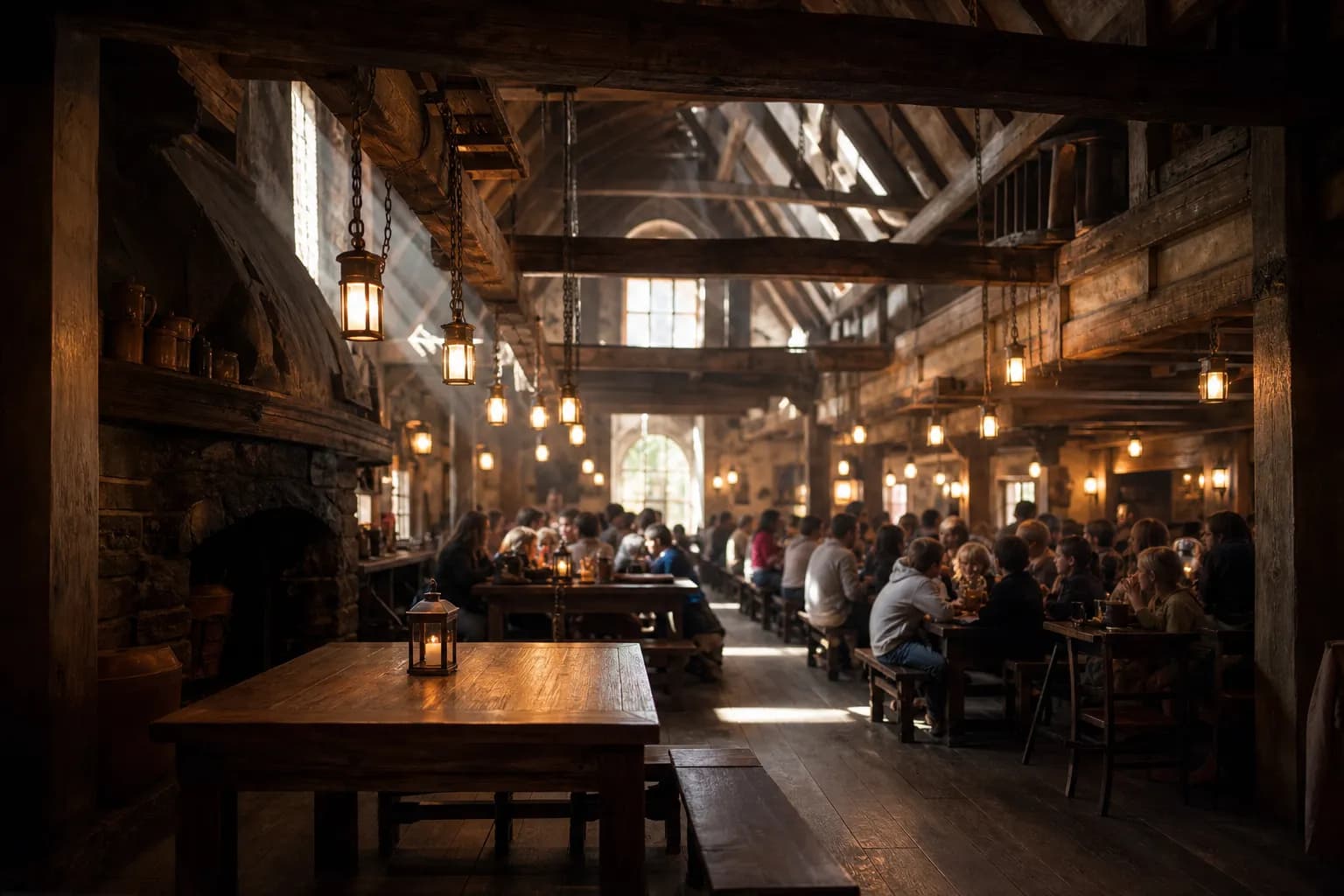 The rustic interior dining hall of Three Broomsticks in The Wizarding World of Harry Potter at Universal Studios Japan, with its timber beams, hanging lanterns, and crowded wooden tables at midday