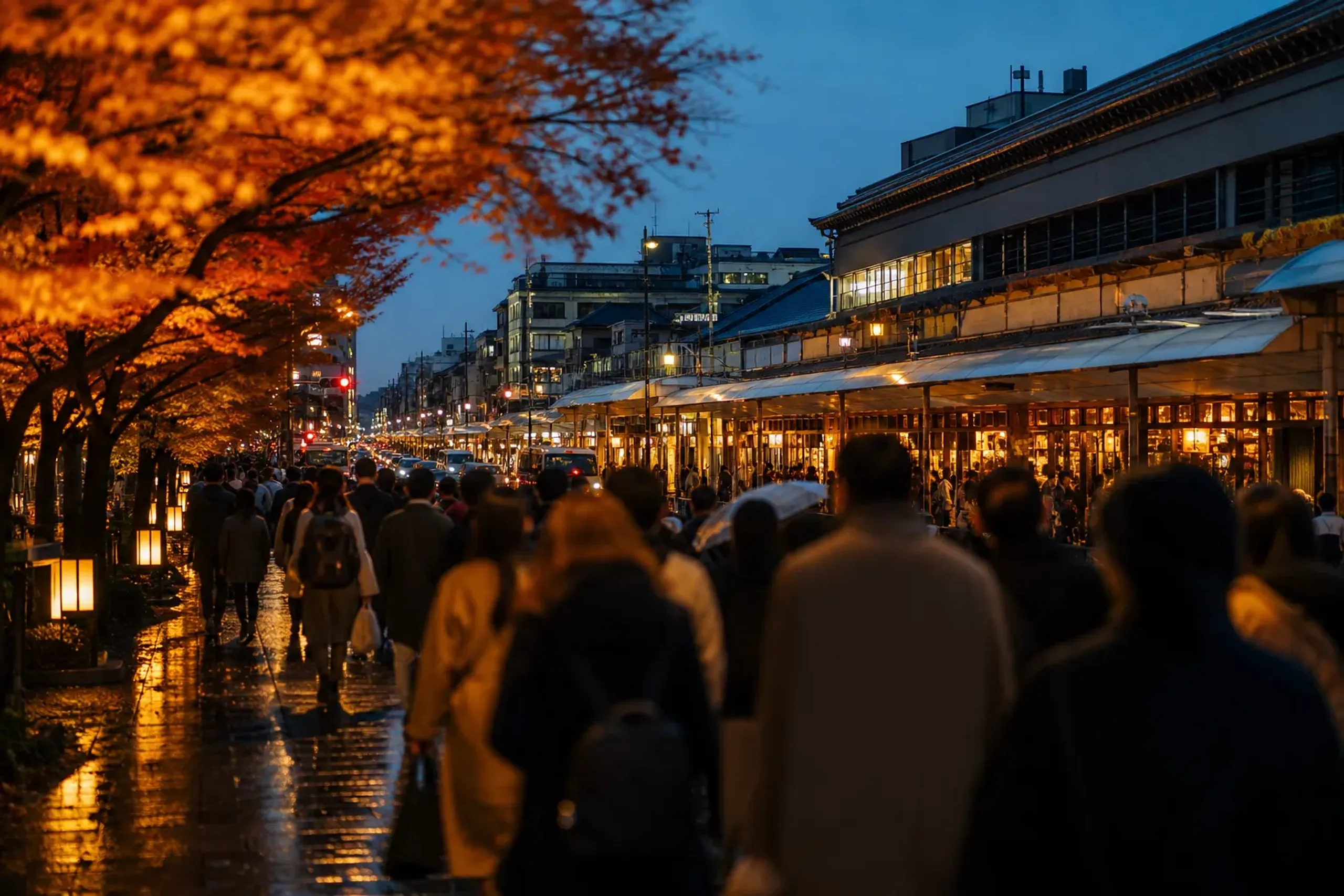 Crowded Kyoto street at dusk illustrating peak travel congestion in 2026
