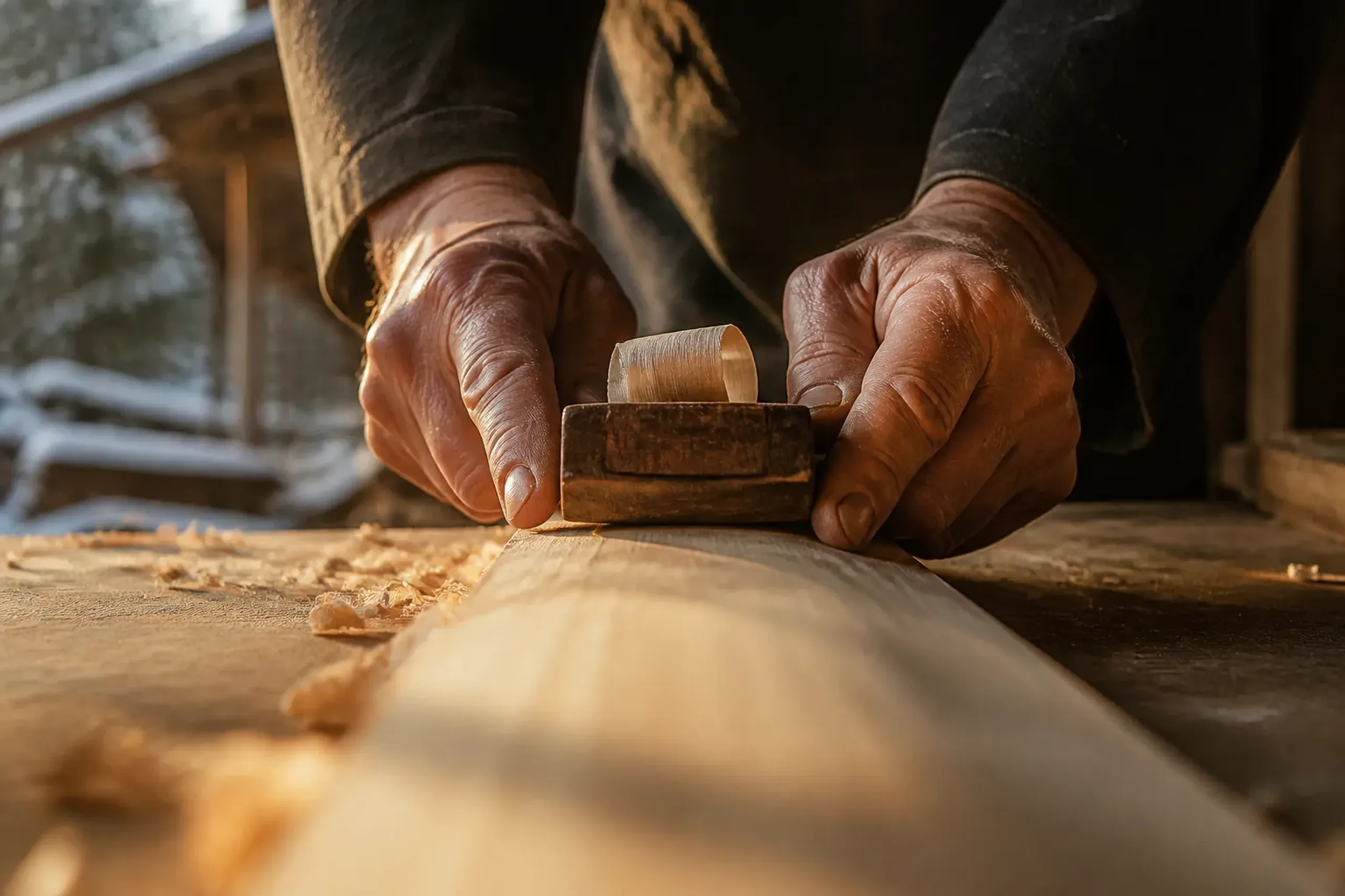 Close-up of a Japanese artisan’s hands working with traditional tools at a bench