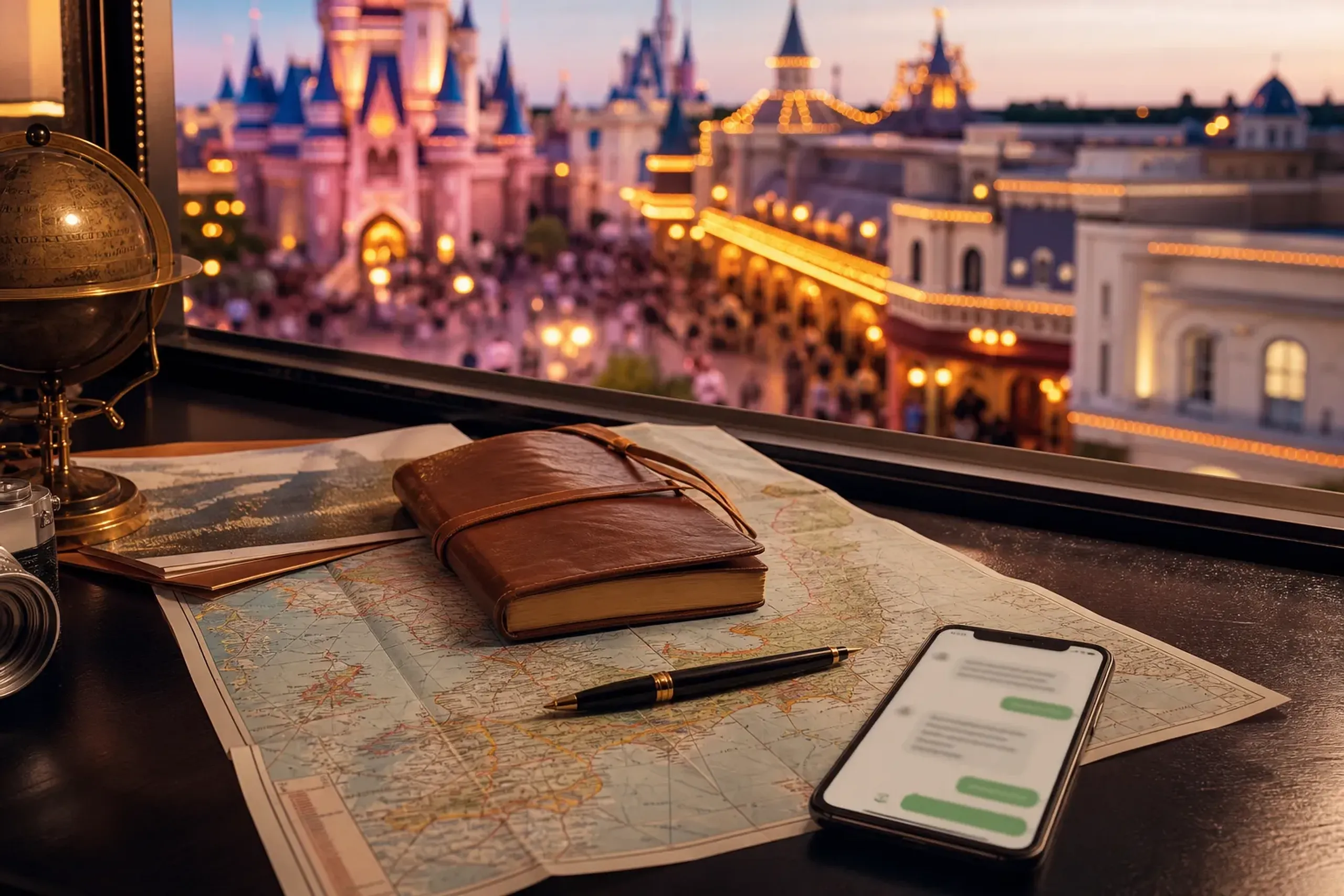 Travel planning desk with Japan map, notebook, and discreet messaging on a phone