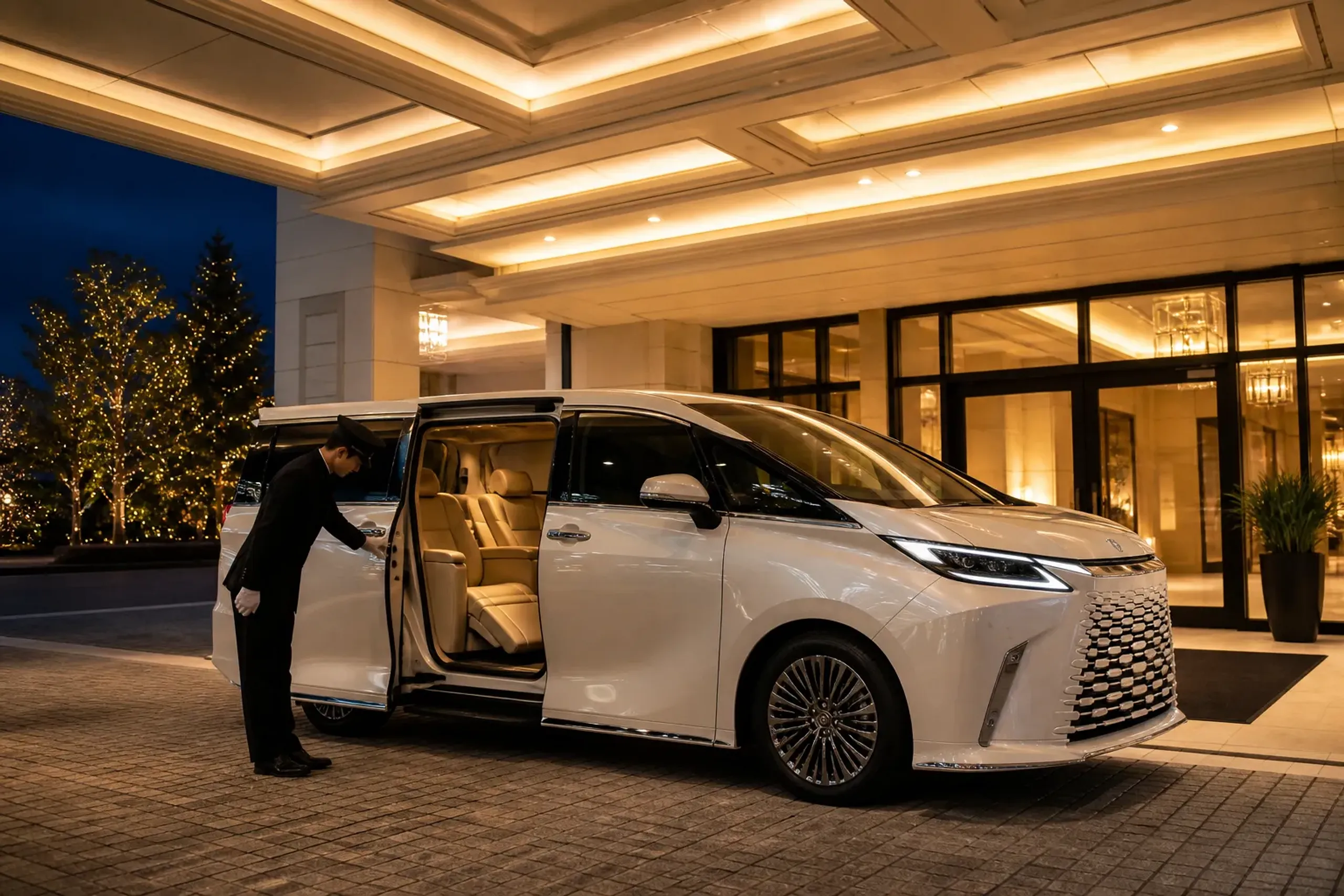 Lexus LM 500 at a Tokyo hotel driveway with chauffeur and open door