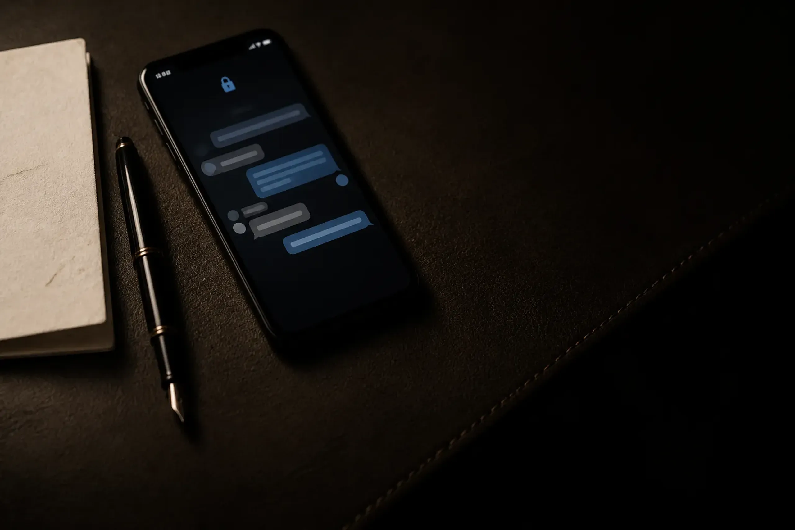 Smartphone showing an encrypted messaging app beside a travel document on dark leather