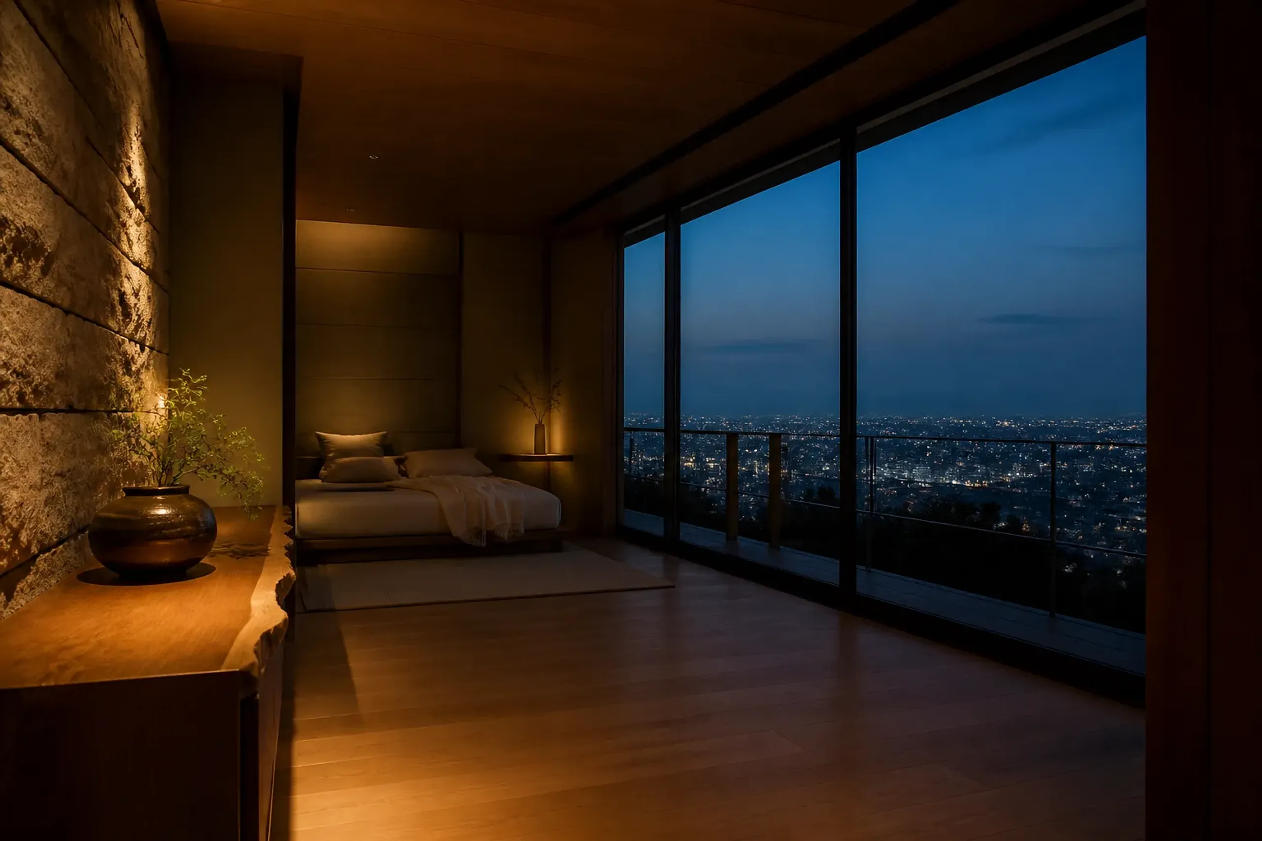 Minimalist luxury Japanese hotel suite with wood and stone finishes and quiet city view
