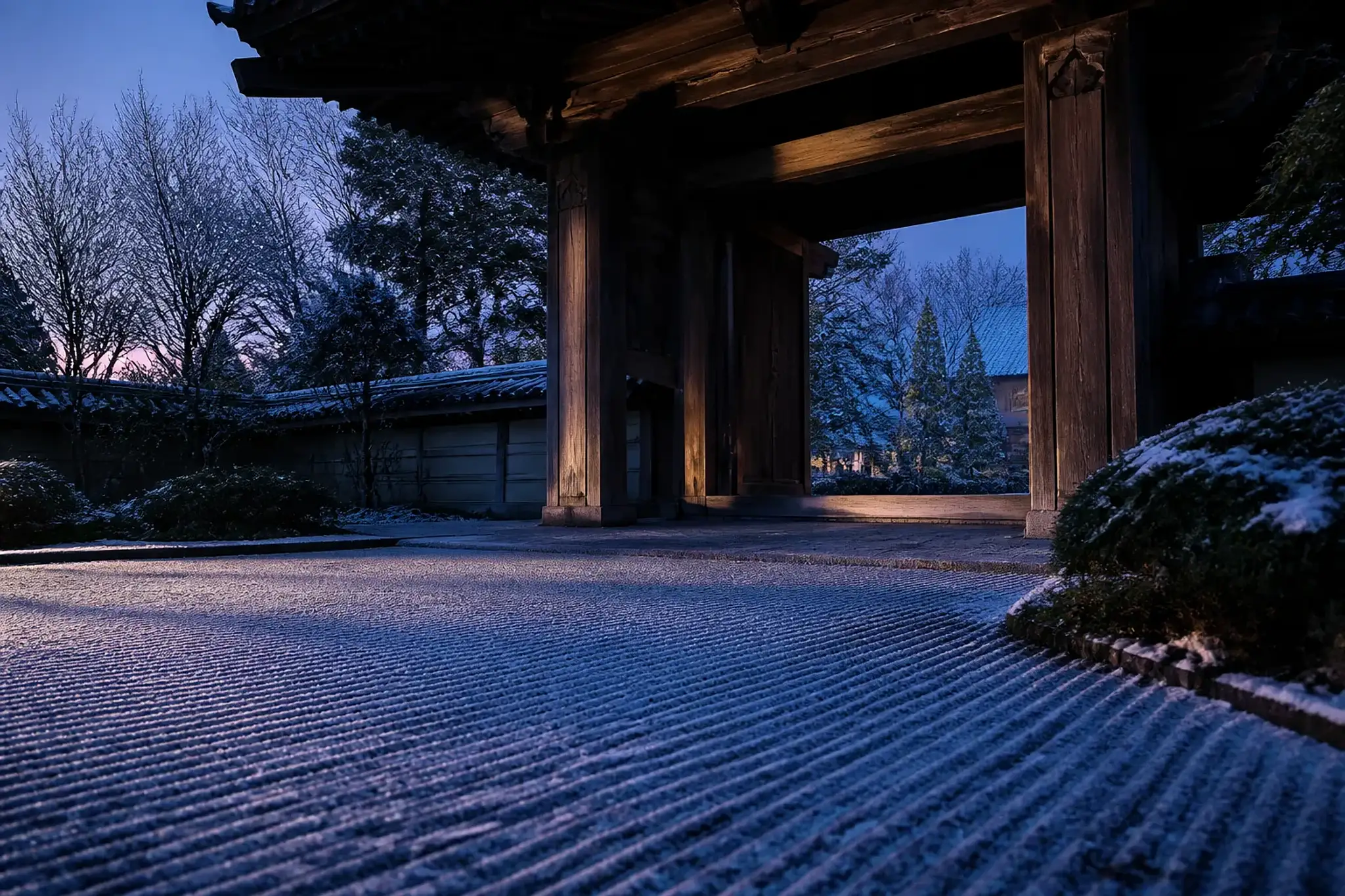 an empty private stone temple gateway at dawn in Kyoto, morning light raking across weathered timber and a swept gravel threshold with no visitors present