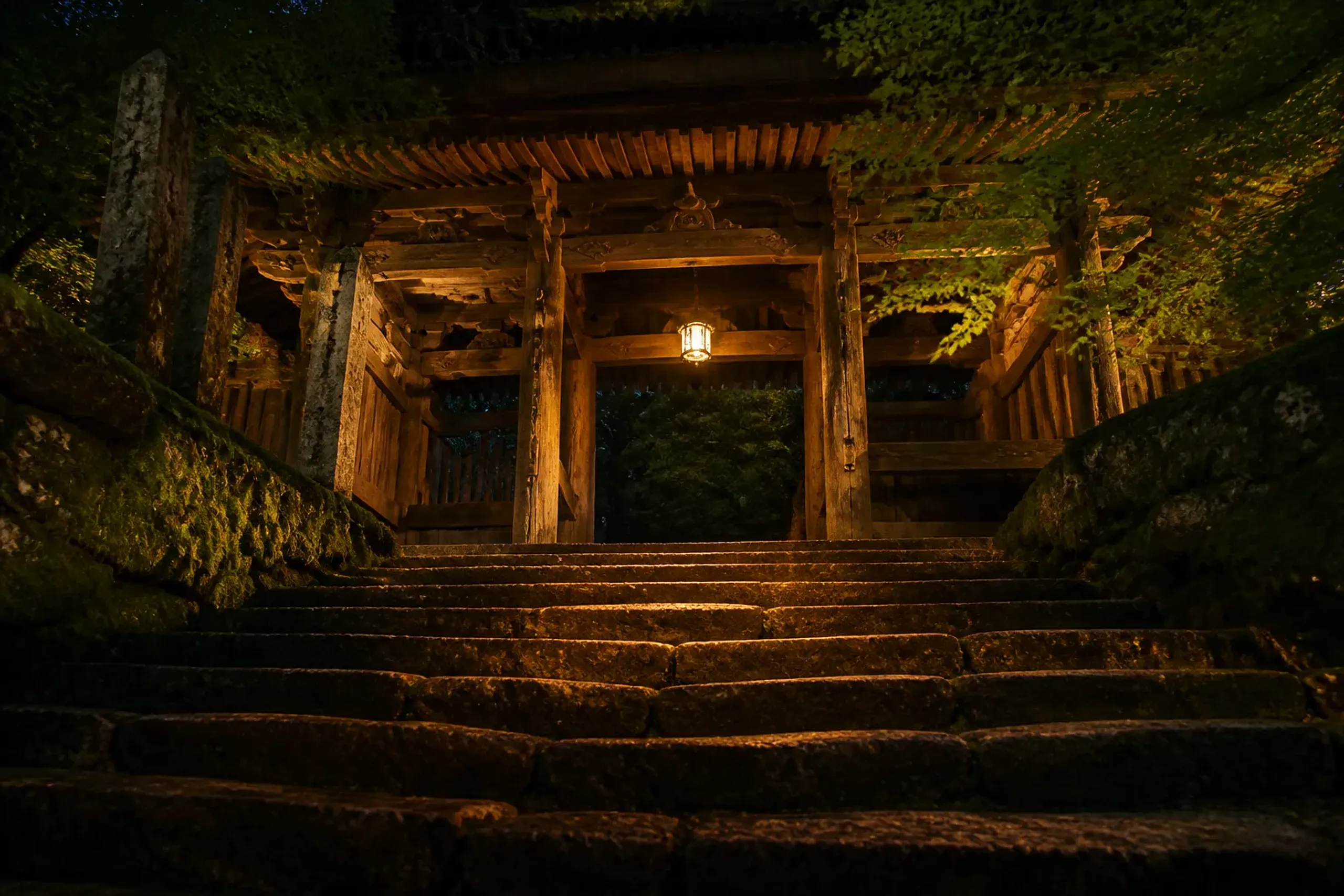 A quiet illuminated temple gate in Kyoto at night