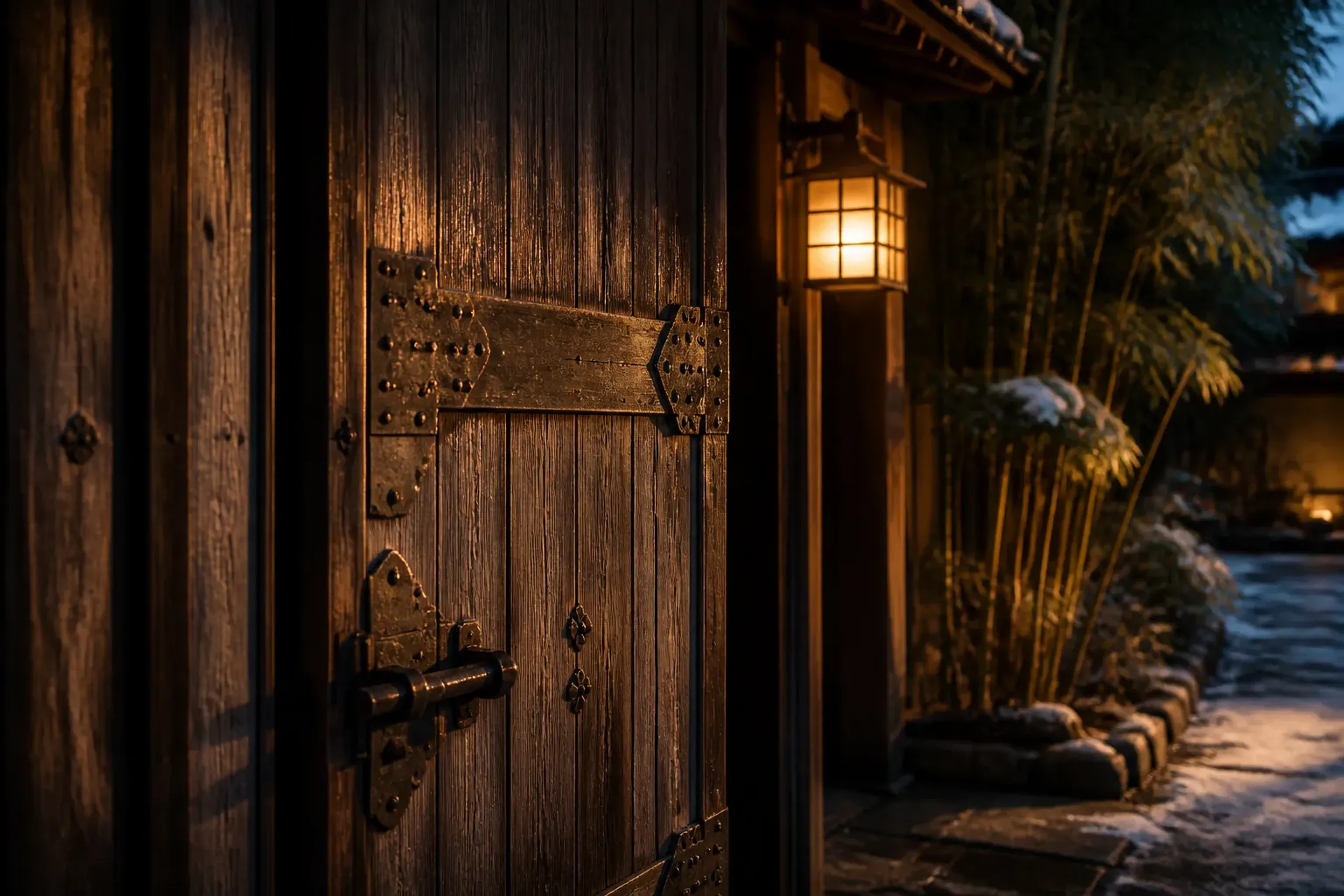 Traditional heavy wooden doors of a Kyoto temple firmly shut