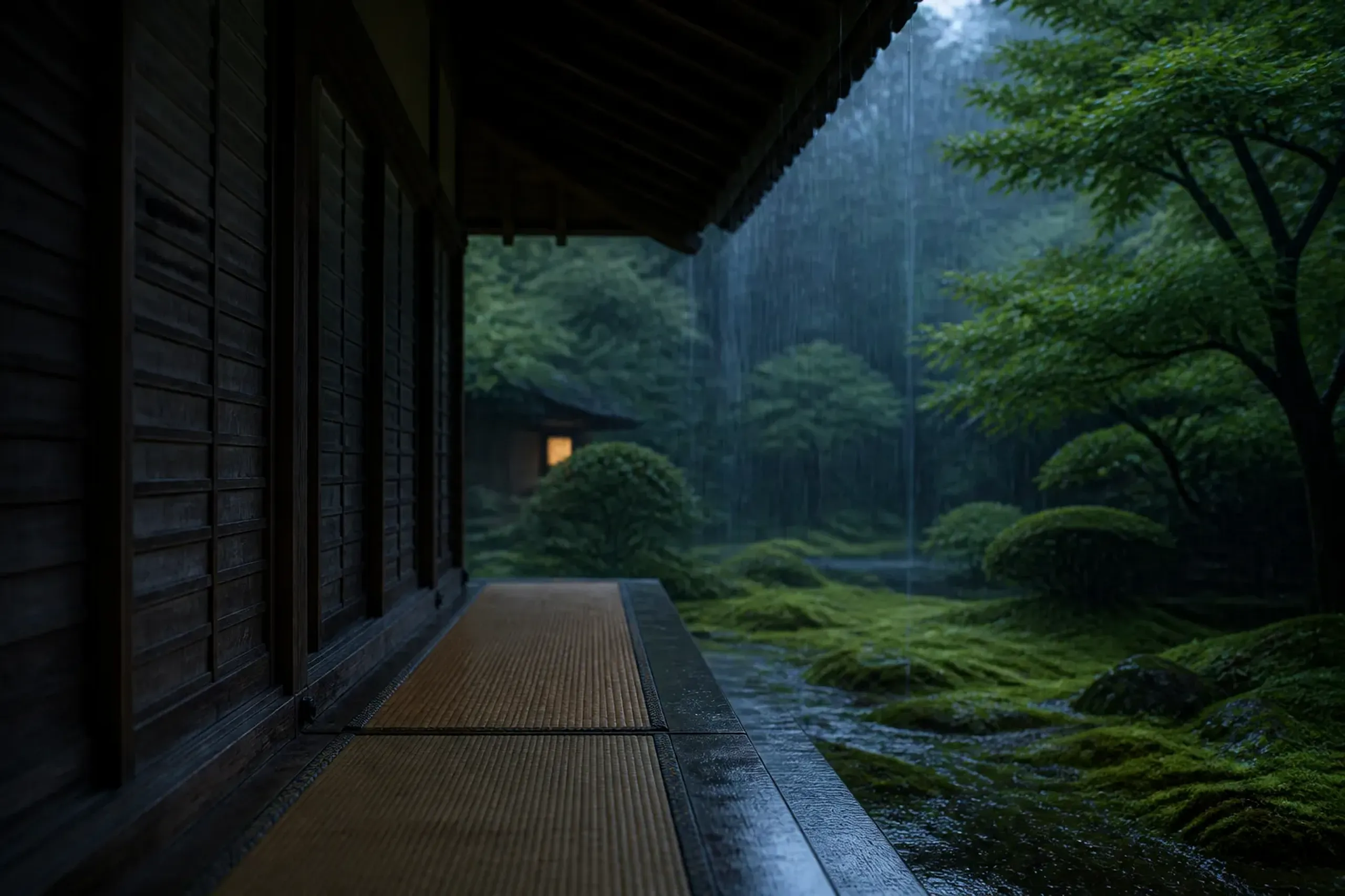 rain falling on the closed wooden doors and tatami-matted veranda of a Kyoto sub-temple, with the fragile hall shut against the weather overlooking a mossy garden