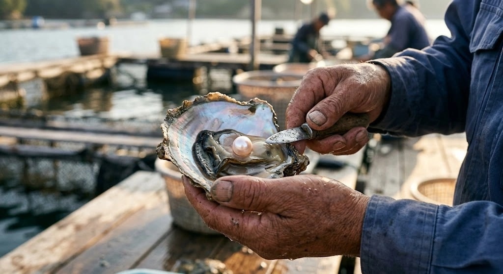 Old hands shucking a fresh oyster on a wooden dock, exposing a pearl inside the shell.
